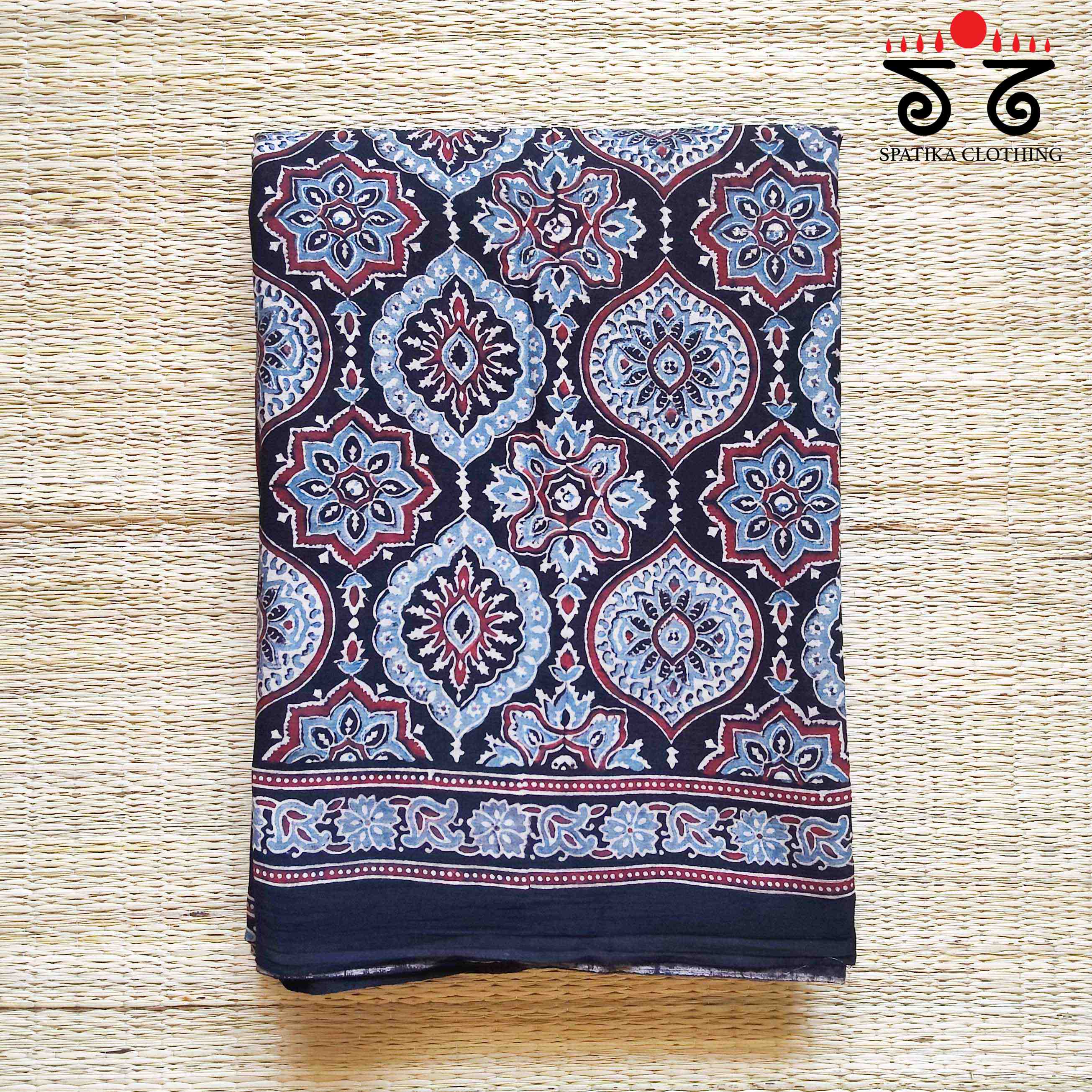 Ajrakh Handblock Print on Black Mulmul Cotton Saree