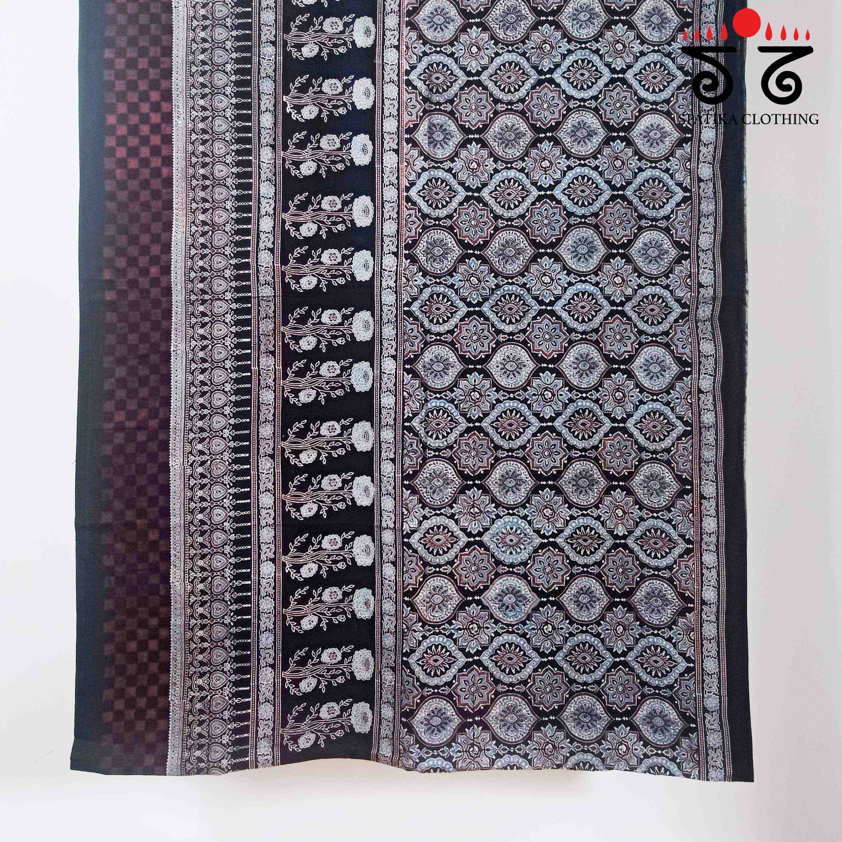 Ajrakh Handblock Print on Black Mulmul Cotton Saree
