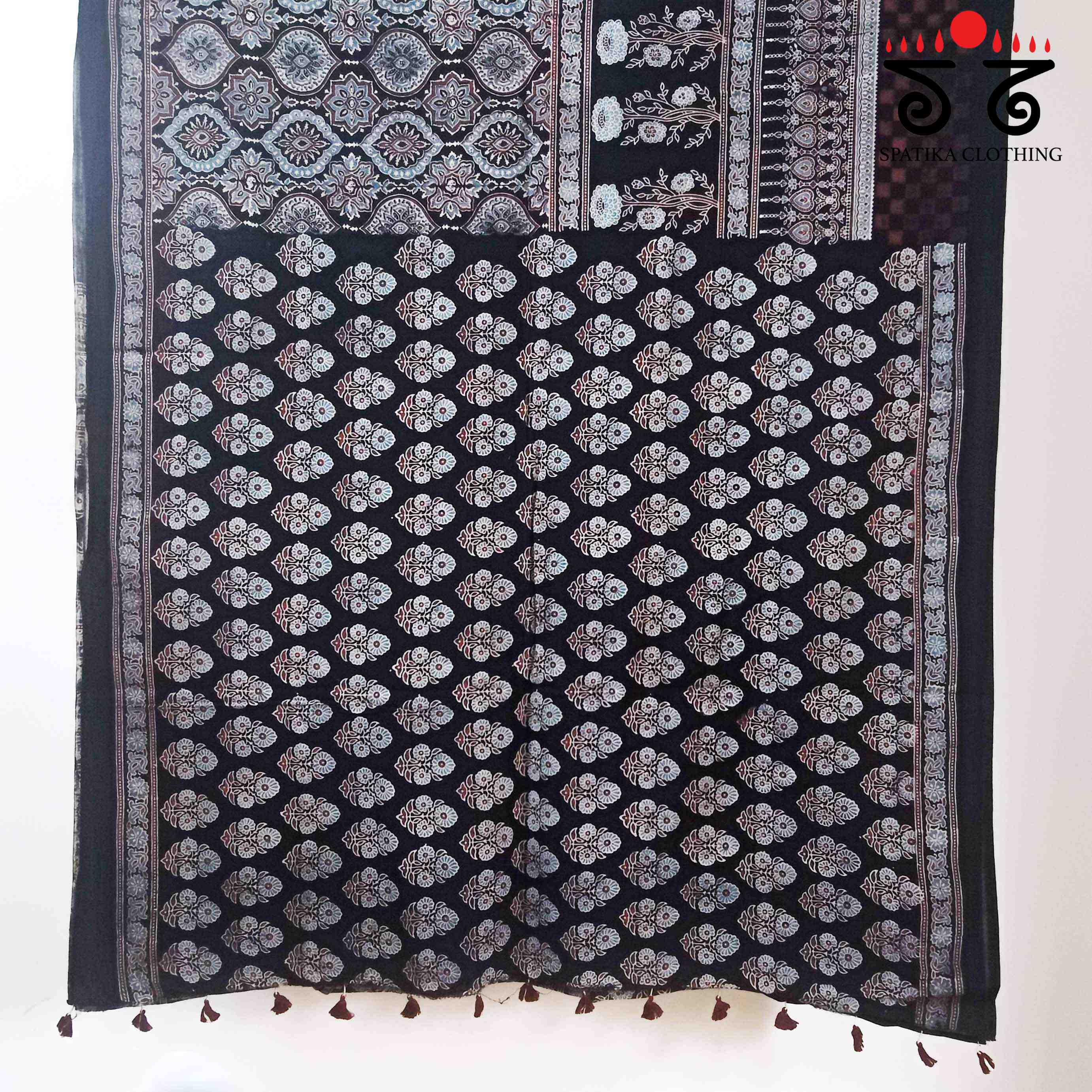 Ajrakh Handblock Print on Black Mulmul Cotton Saree