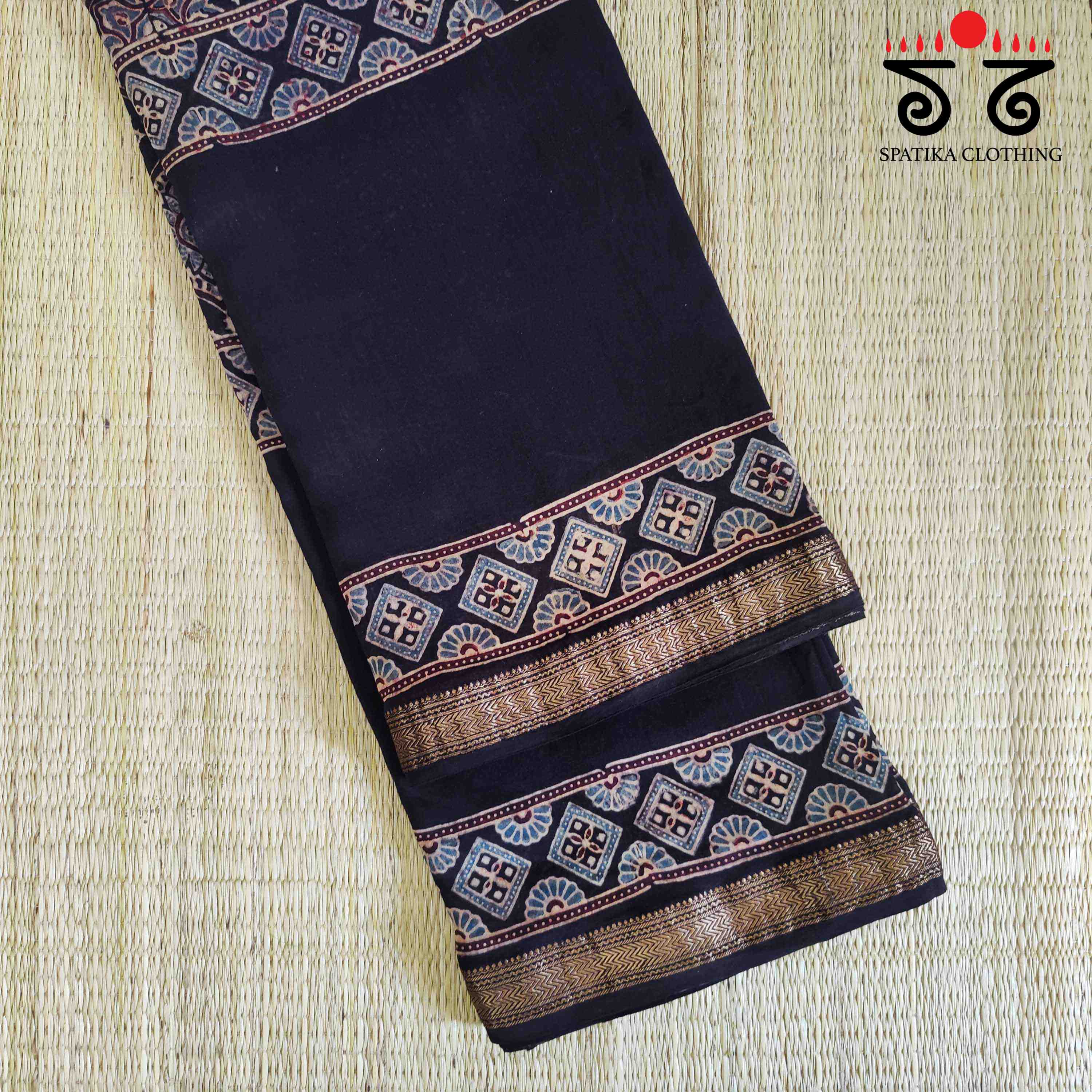 Black Ajrak Maheshwari Silk Cotton Saree