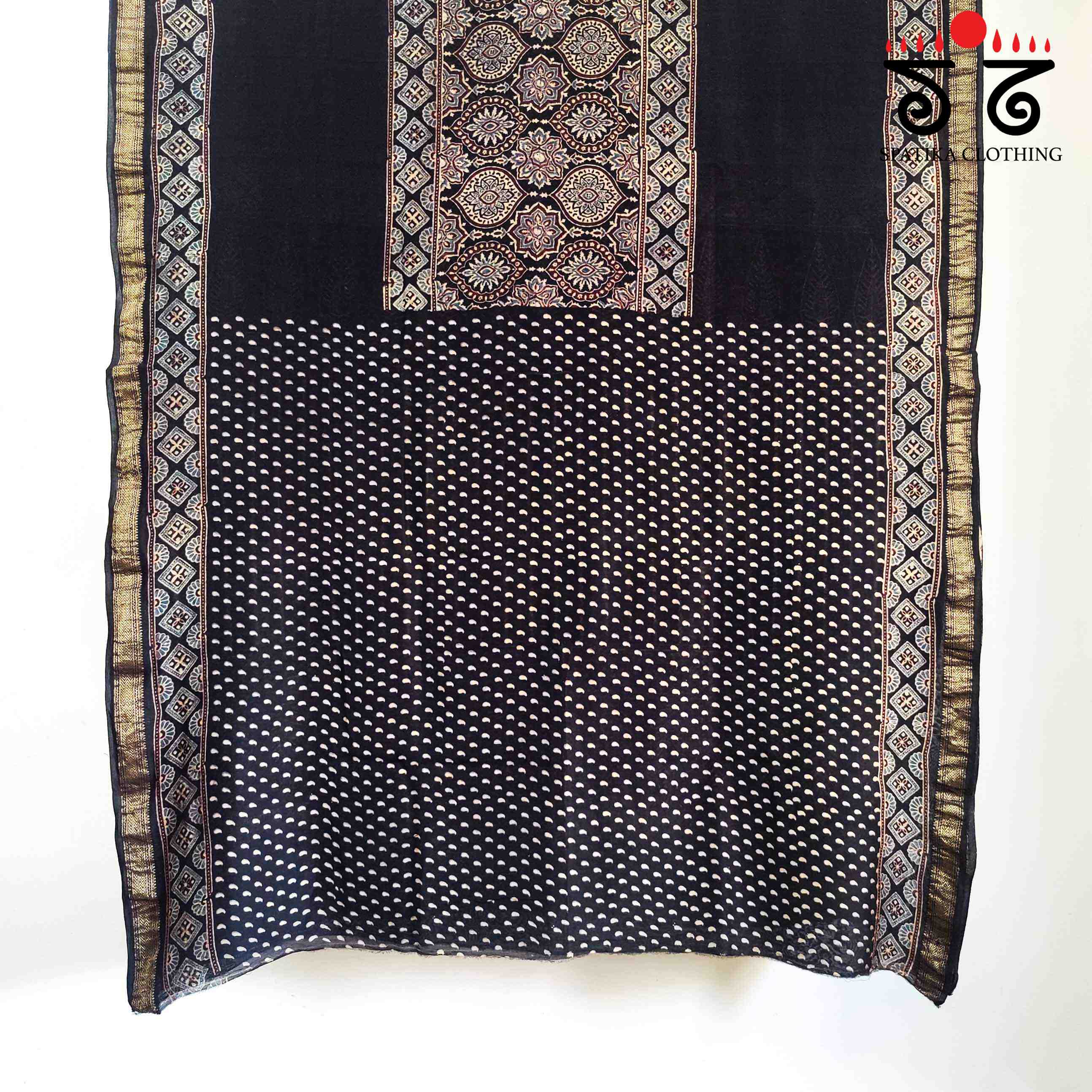 Black Ajrak Maheshwari Silk Cotton Saree