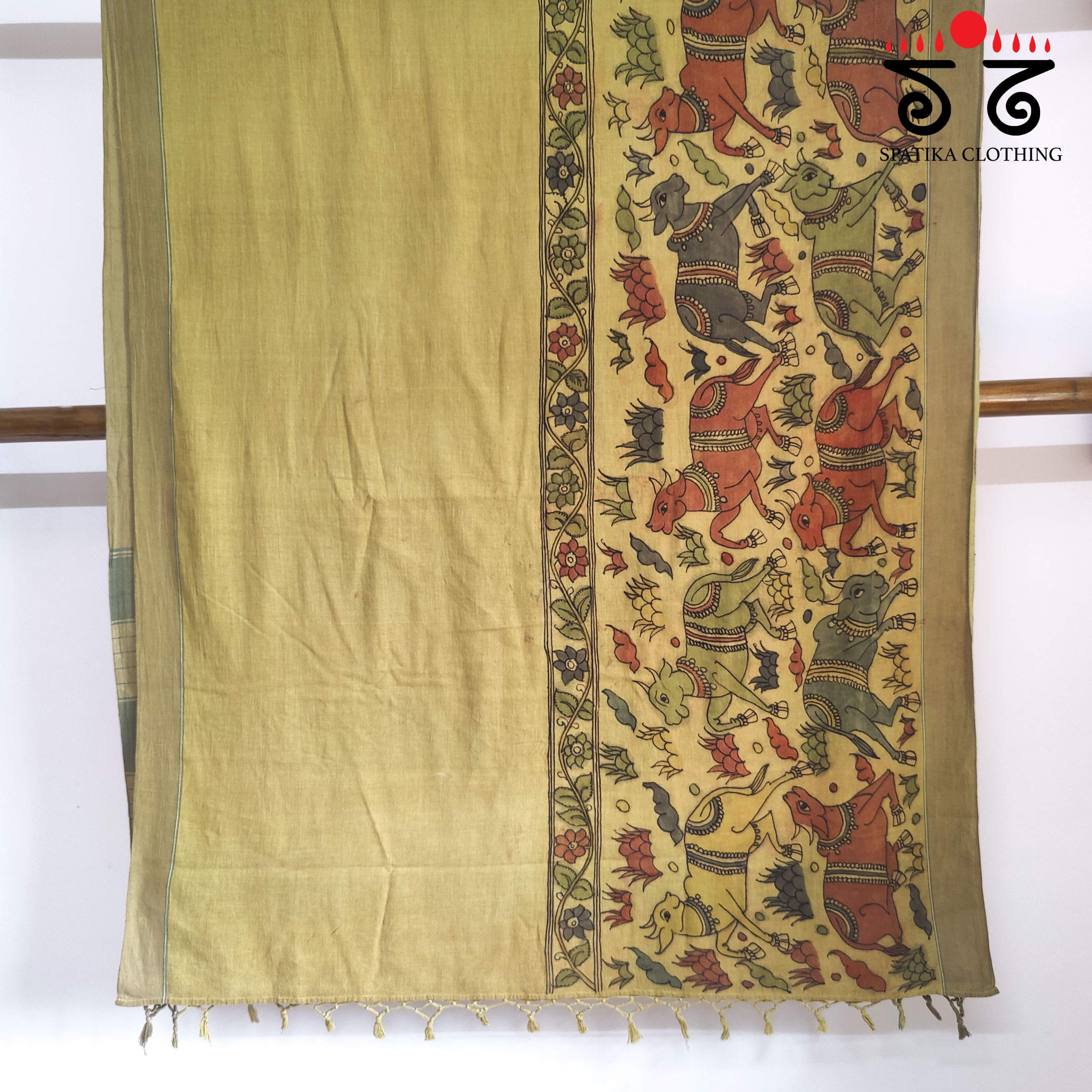 Beige Pen Kalamkari Handspun Cotton Saree