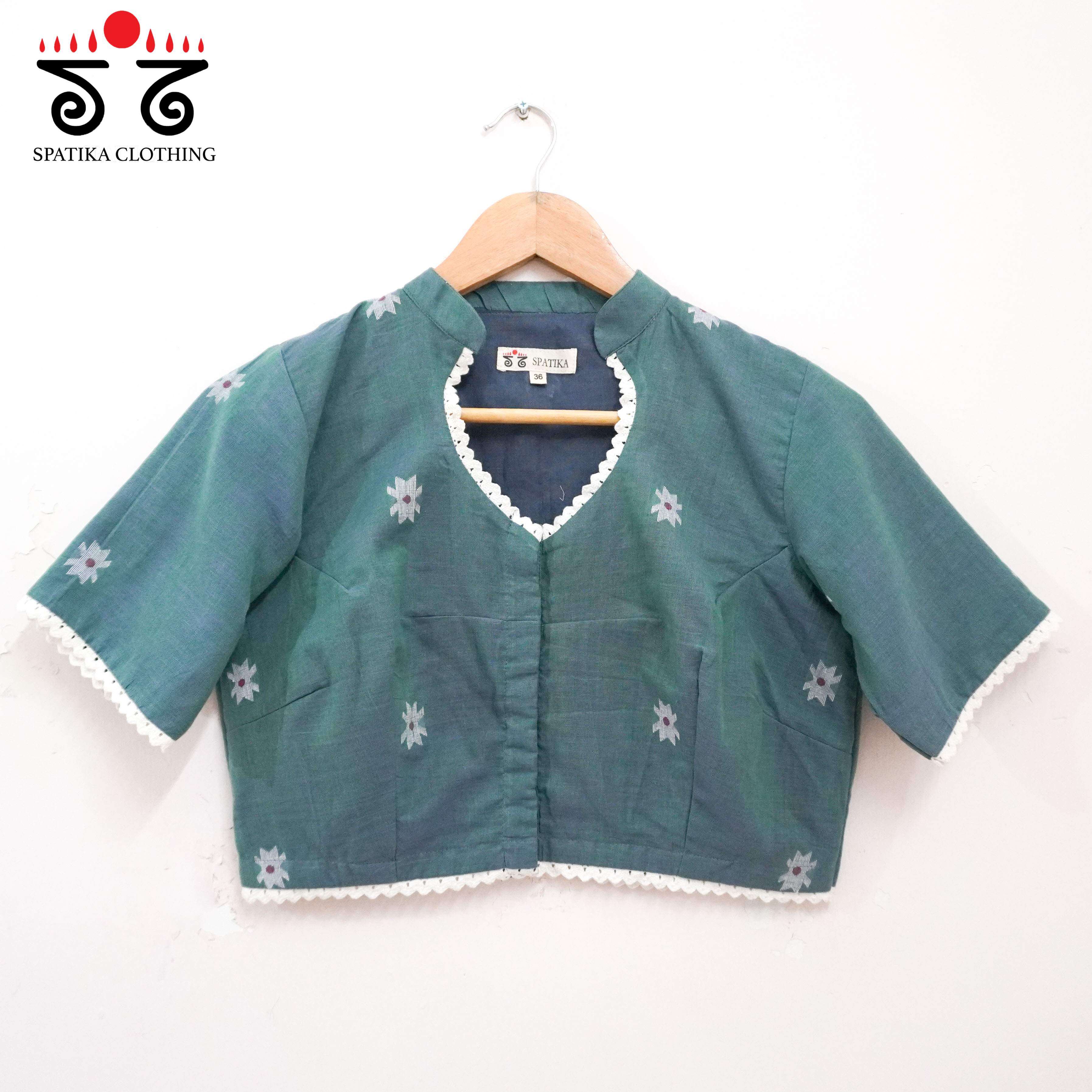 Blue & Green Dual Tone Jamdhani Lace Blouse