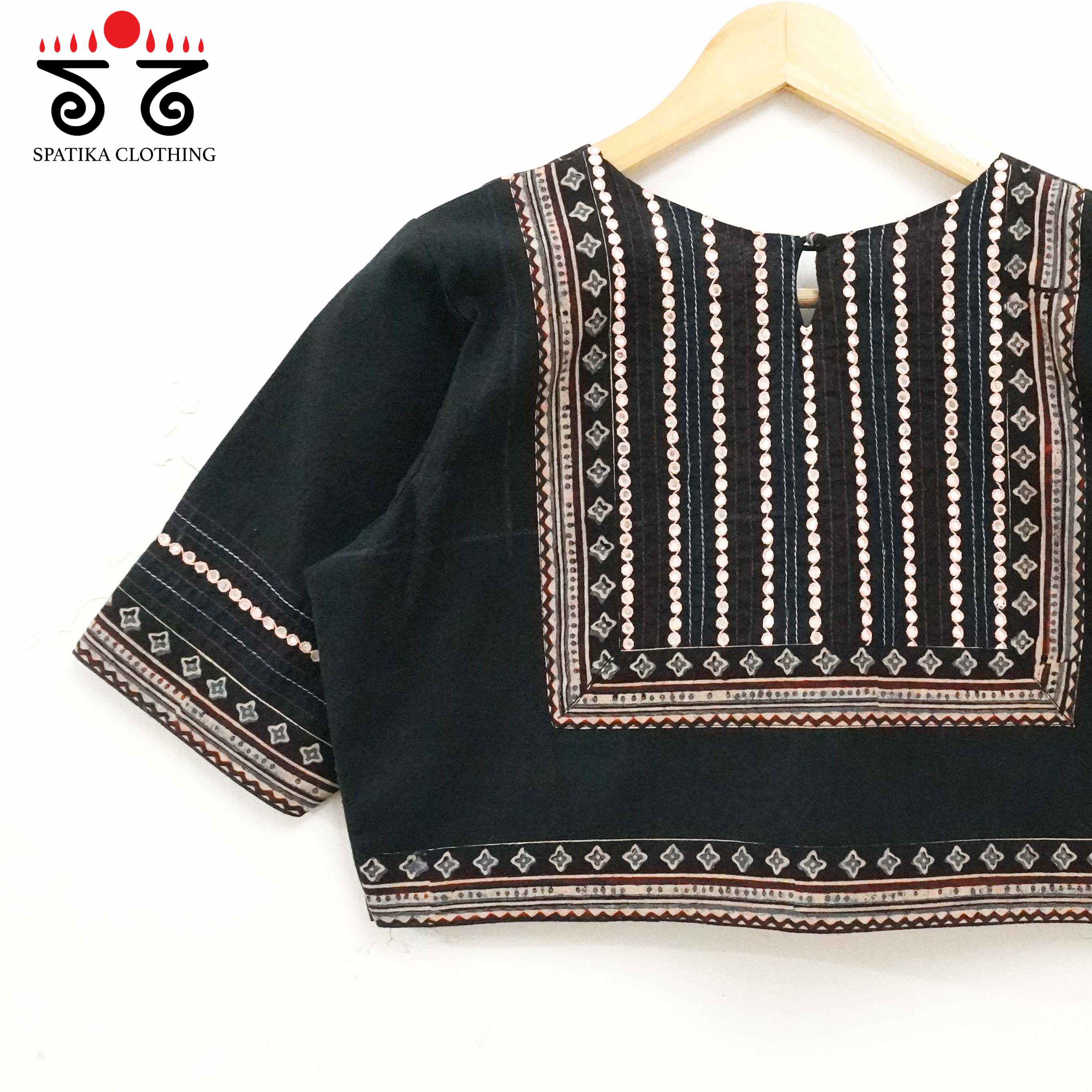 Black & Peach Mirror Work Hand embroidered Blouse