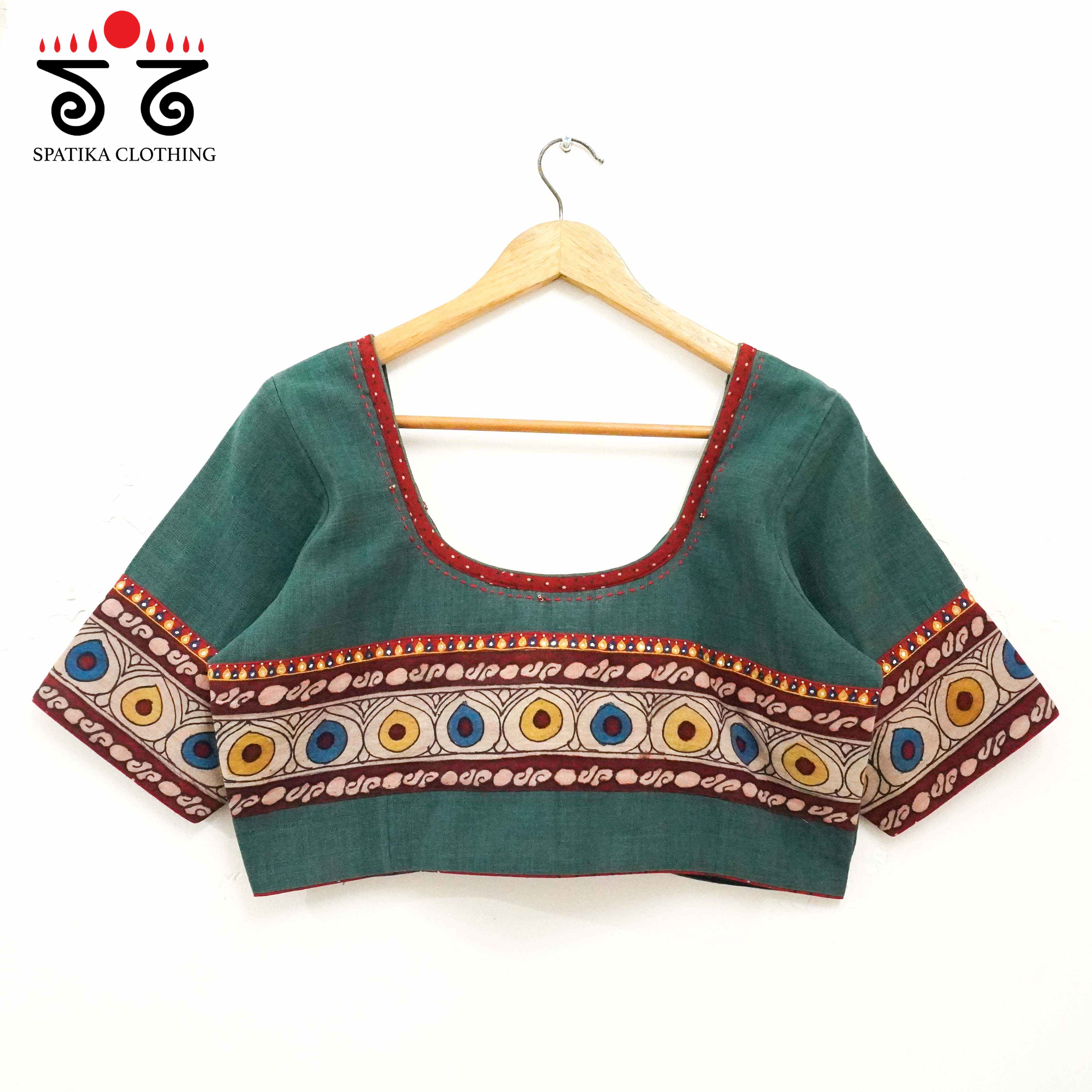 Boondh Pen Kalamkari Green Hand embroidered  Blouse