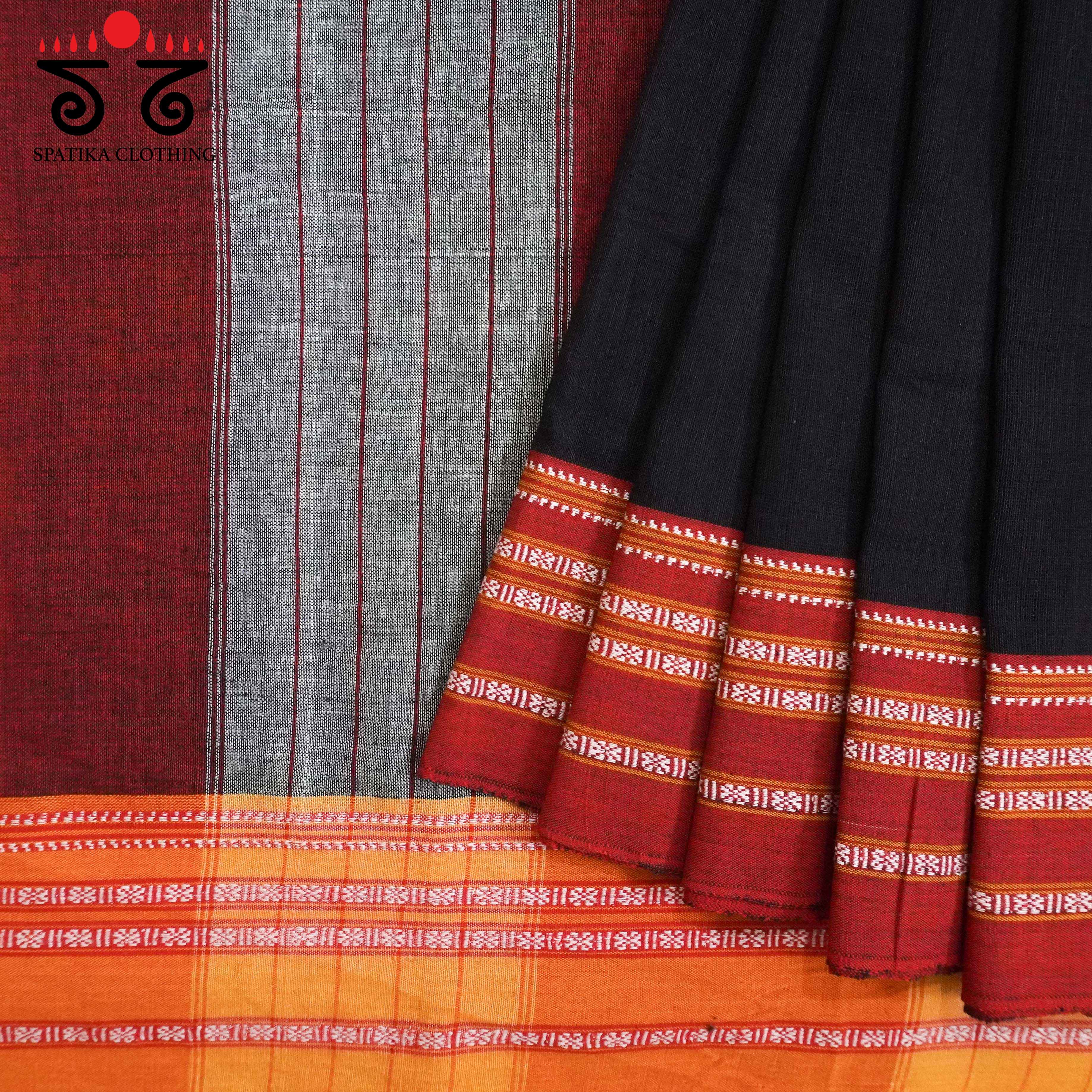 Black Ilkal Handwoven Cotton Saree - Kalamkari Blouse