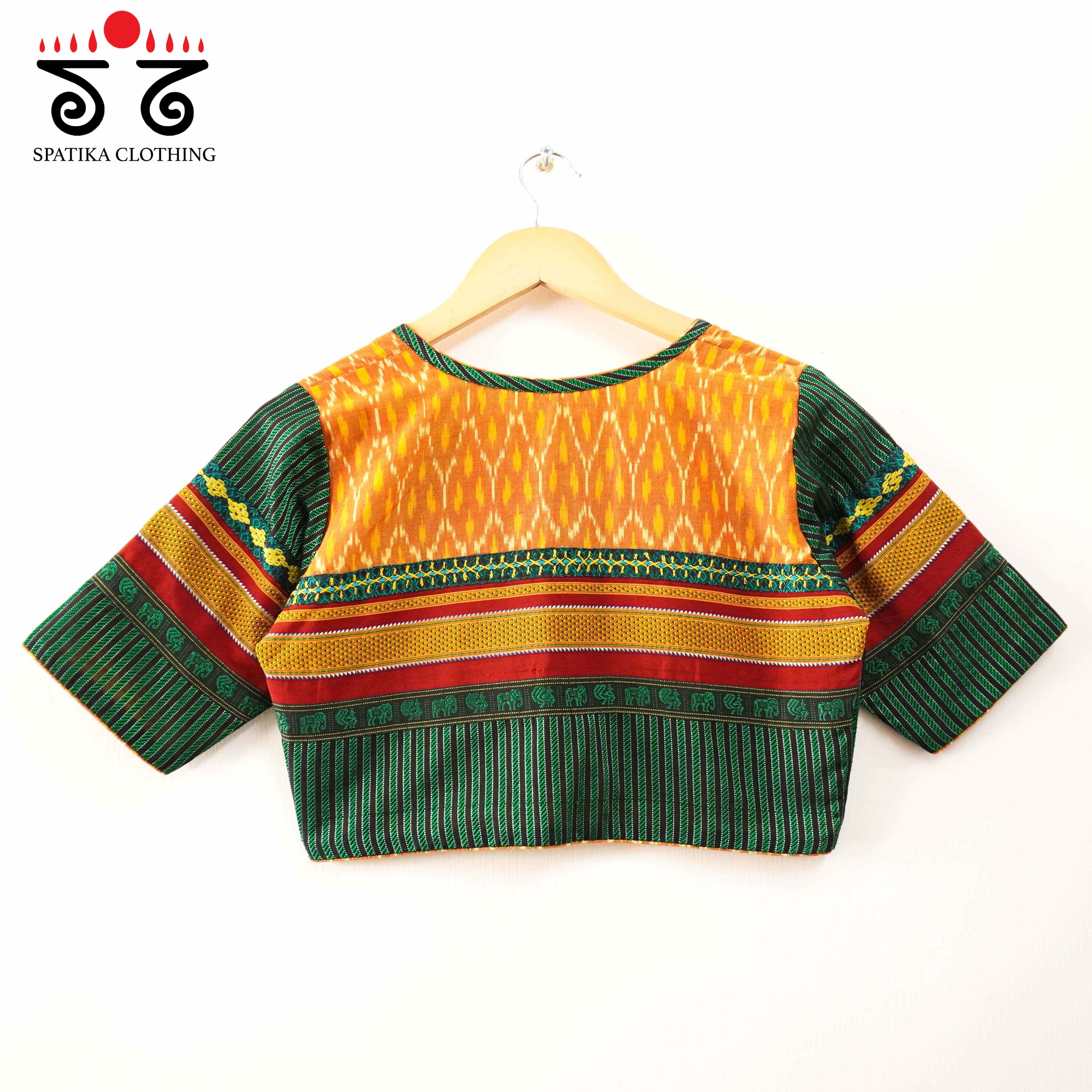 Red, Green & Mustard Ikat Khun-Hand crafted Blouse