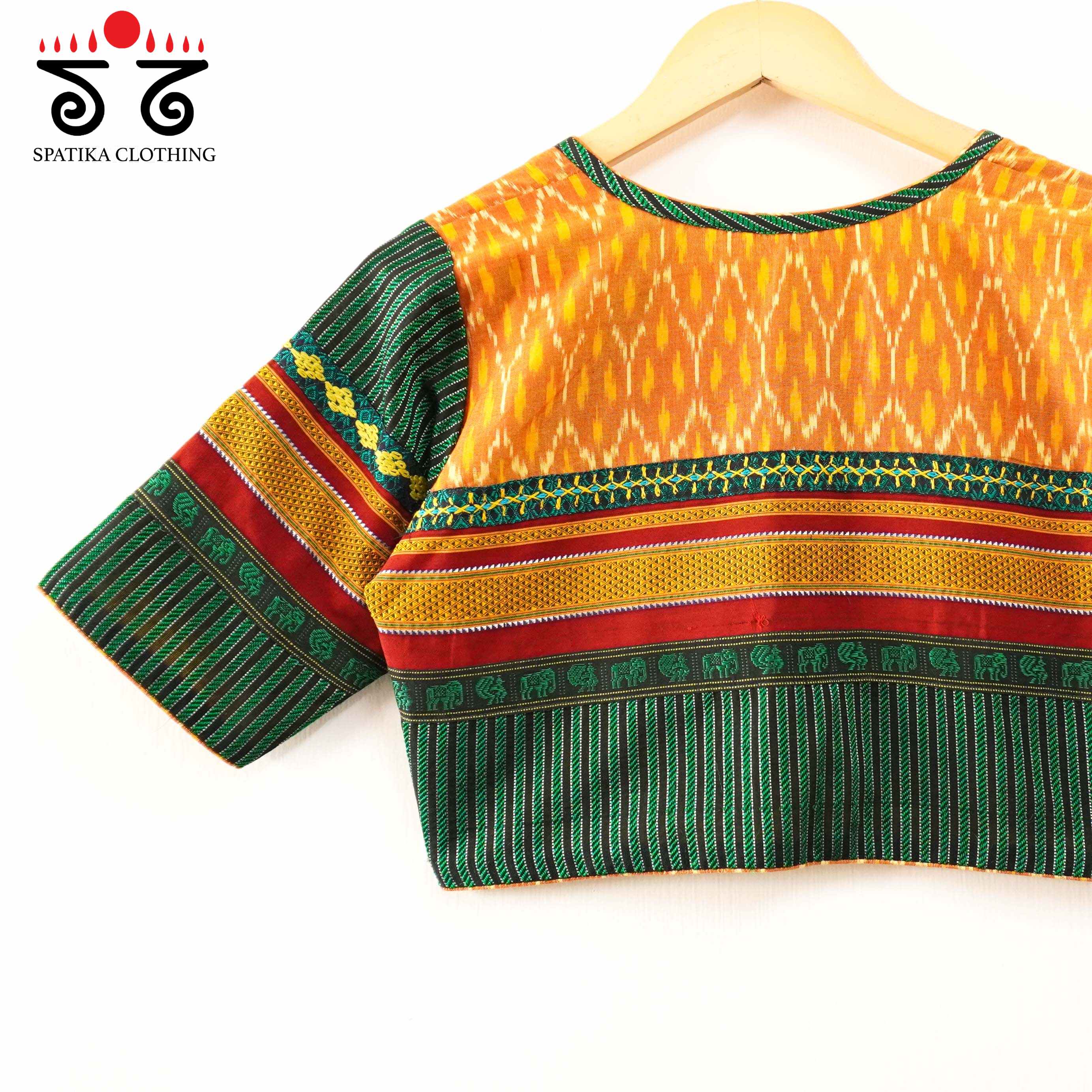 Red, Green & Mustard Ikat Khun-Hand crafted Blouse