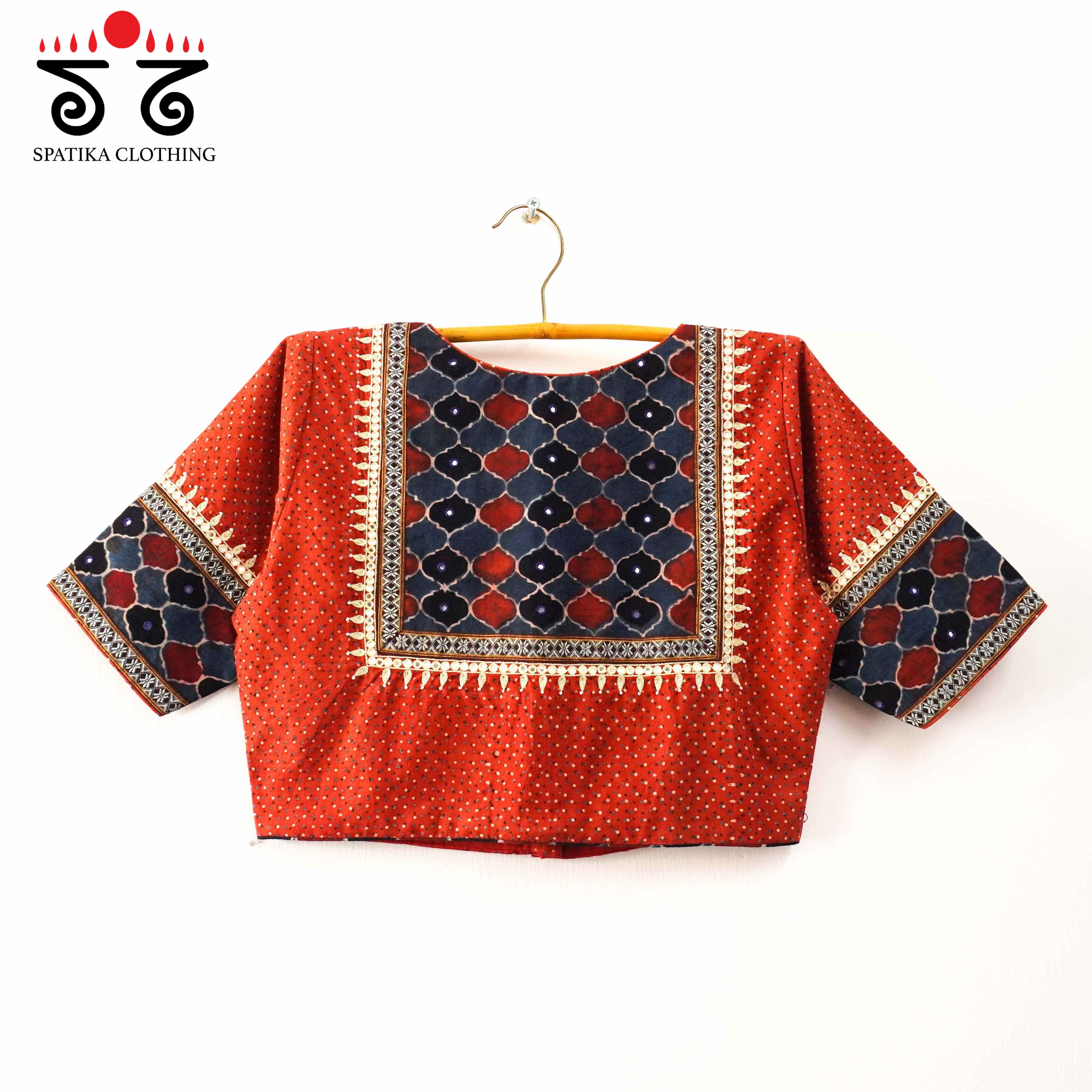 Brick & Blue Ajrak Khun Handembroidered Blouse