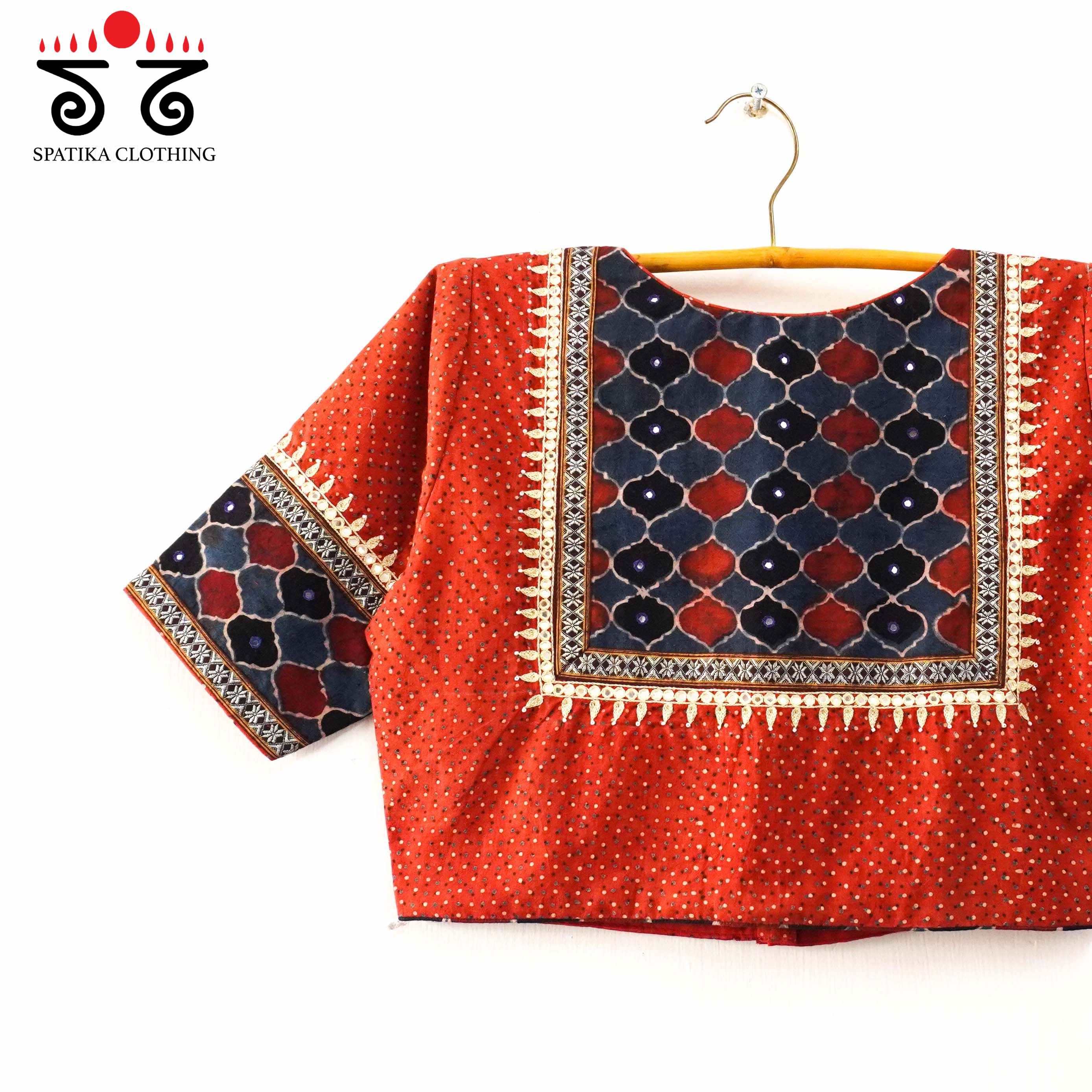 Brick & Blue Ajrak Khun Handembroidered Blouse