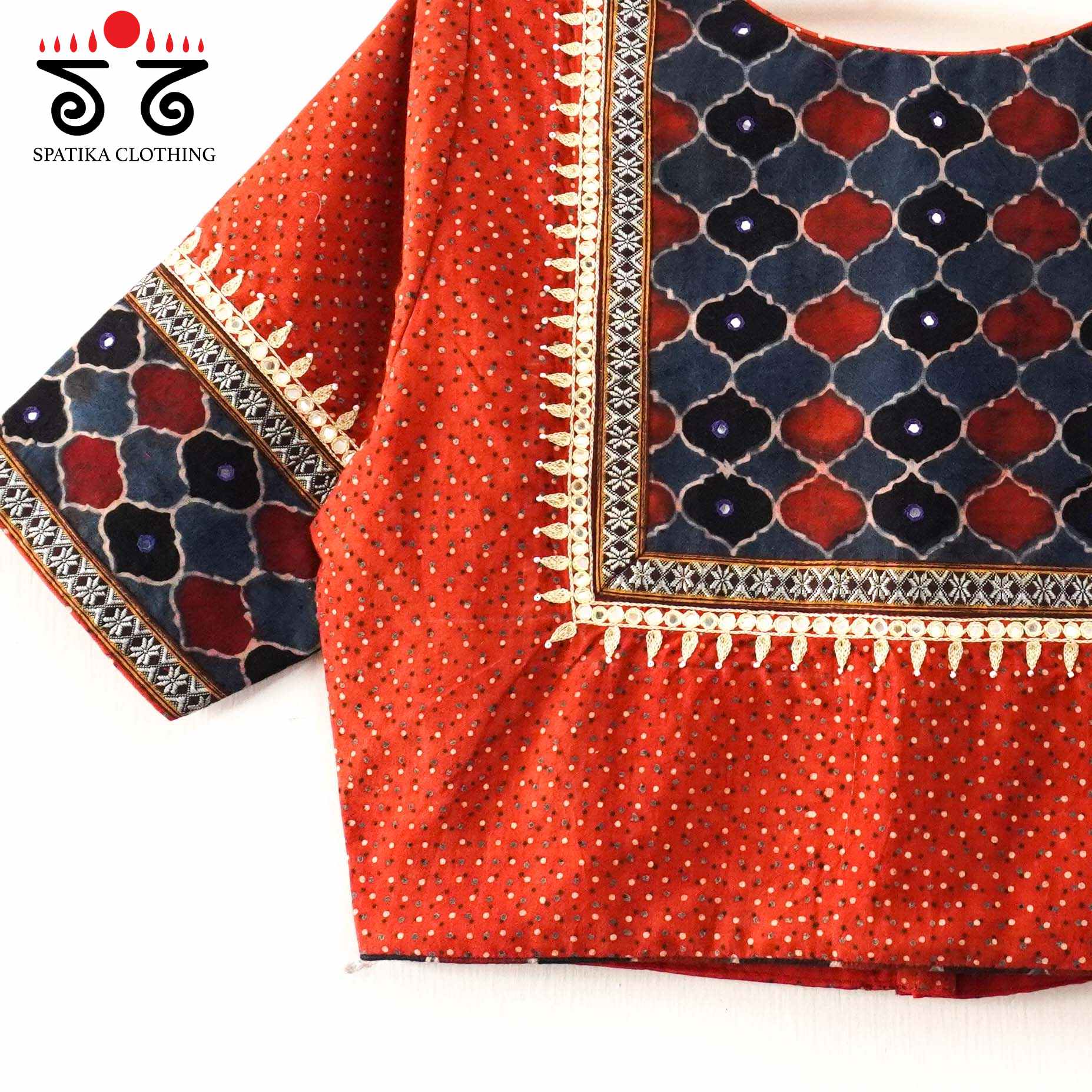 Brick & Blue Ajrak Khun Handembroidered Blouse