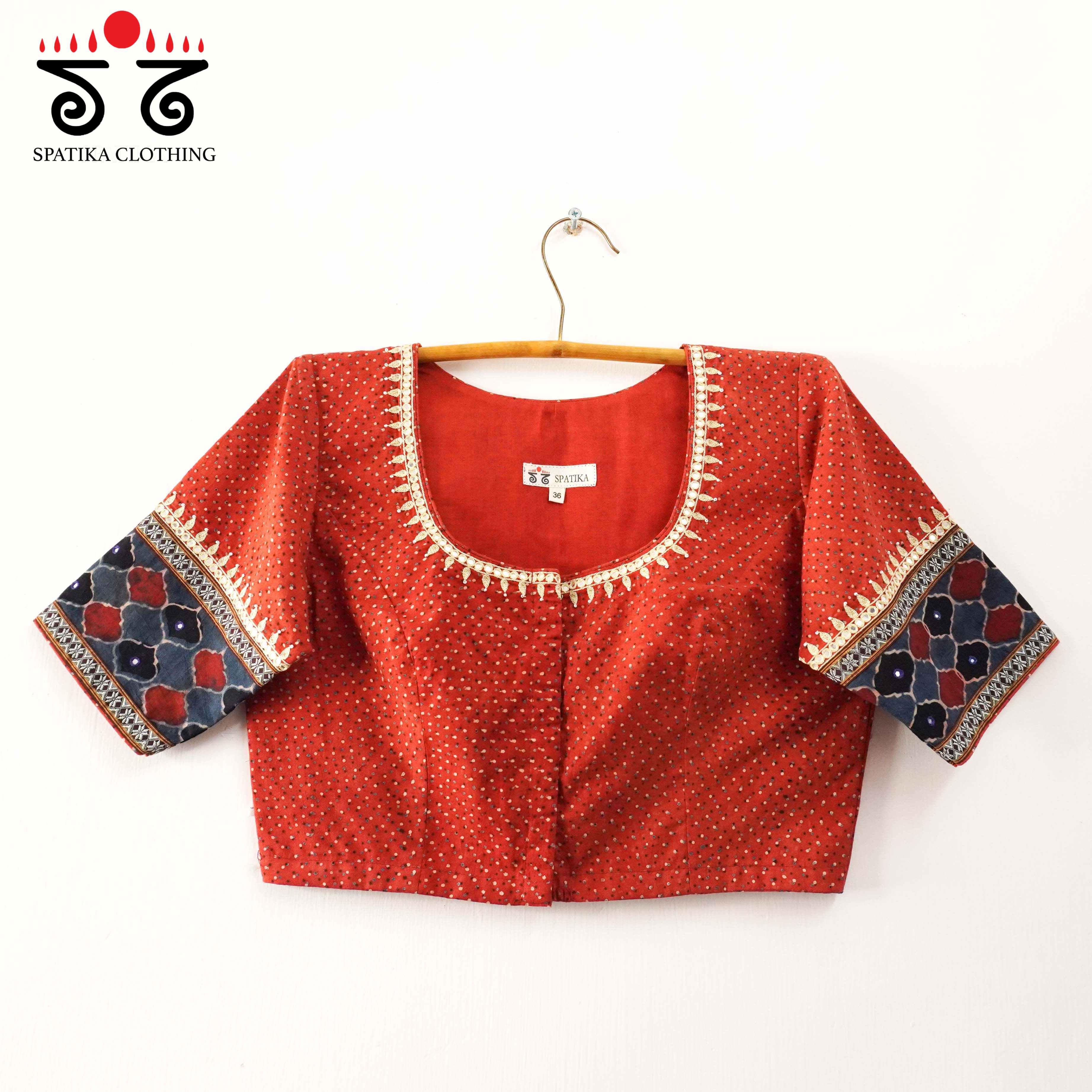Brick & Blue Ajrak Khun Handembroidered Blouse