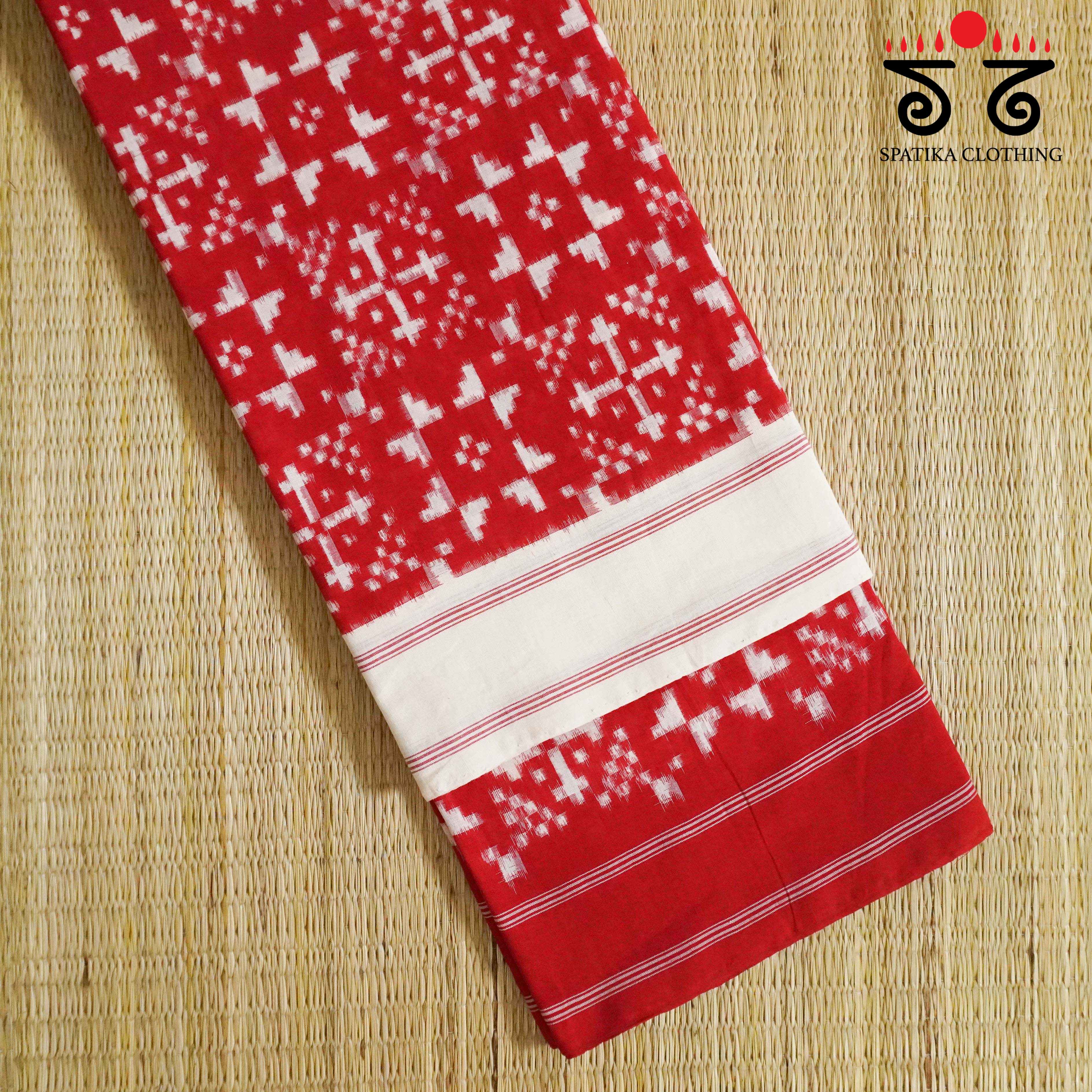 Red & White Telia Double Ikat - Handwoven Cotton Saree