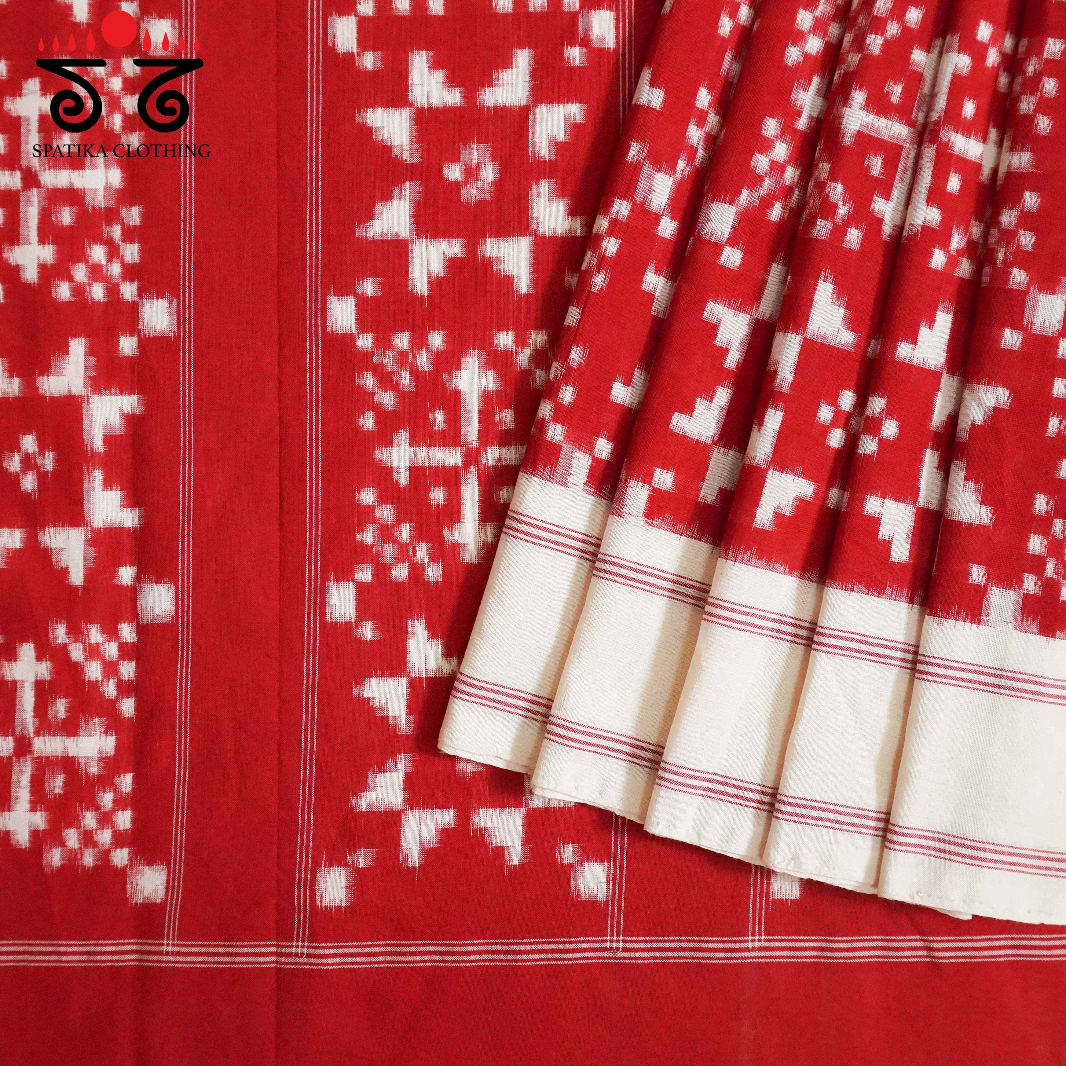 Red & White Telia Double Ikat - Handwoven Cotton Saree