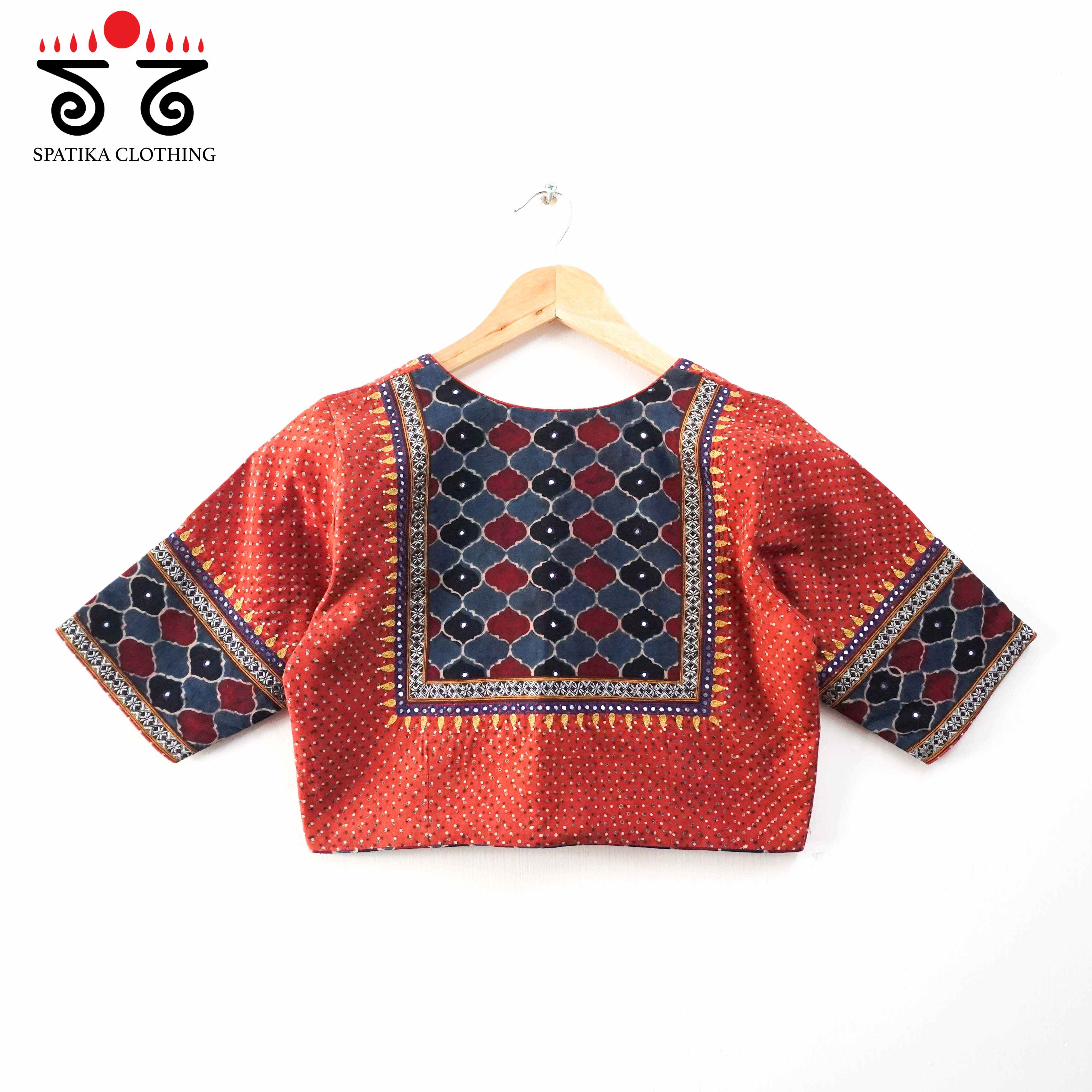 Brick & Blue Ajrak Hand embroidered Blouse