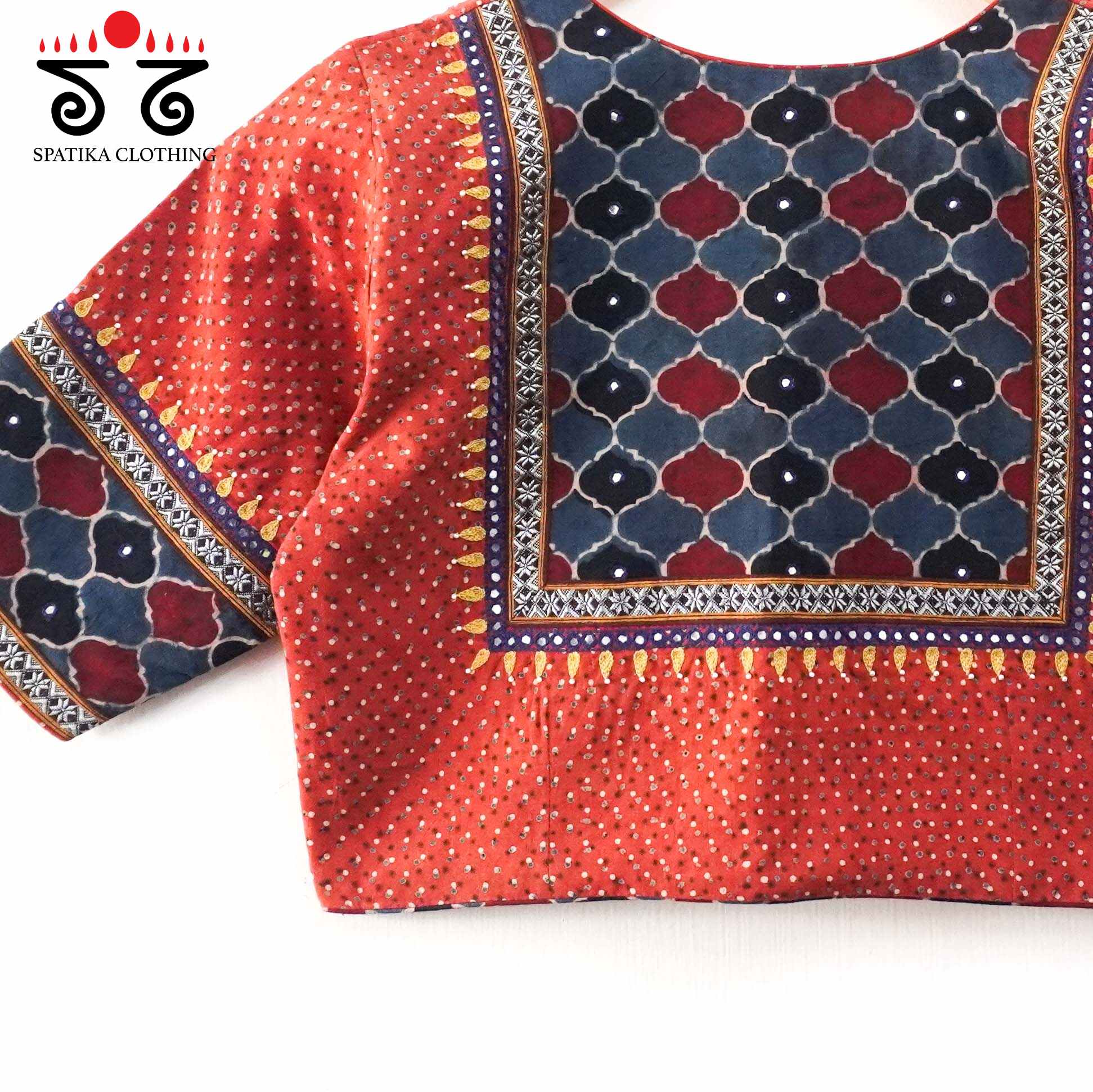 Brick & Blue Ajrak Hand embroidered Blouse