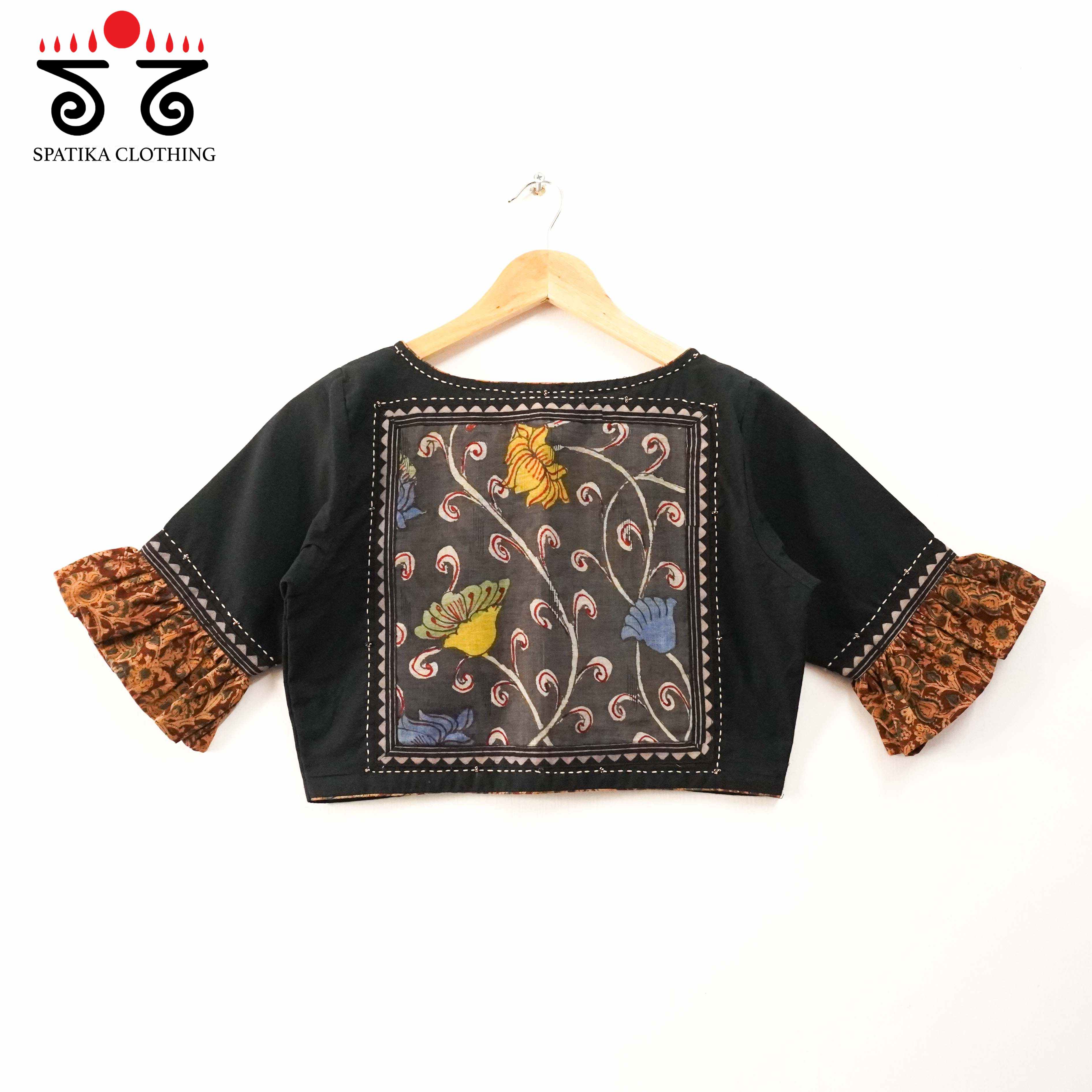 Black Pen Kalamkari Frilled Sleeves Blouse