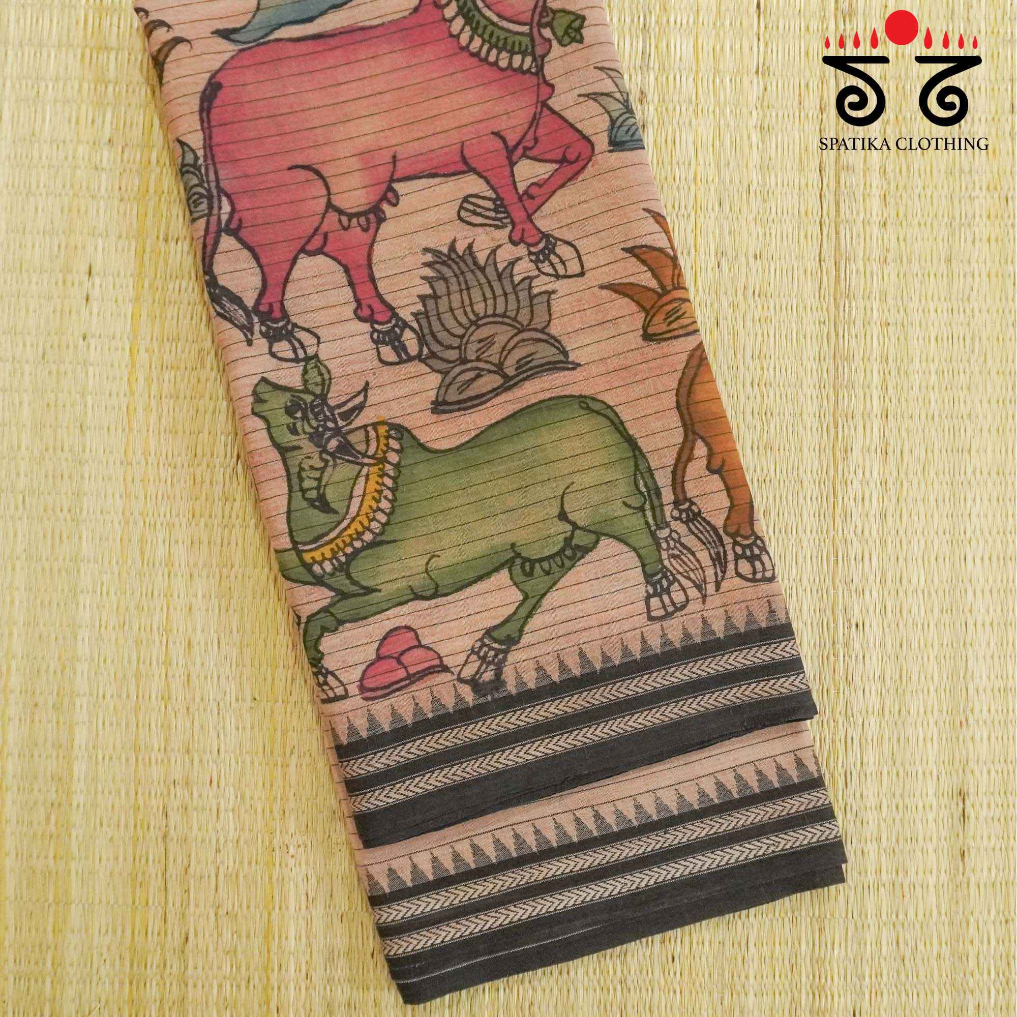 Pichwai Cows - Pink Pen Kalamkari On Ponduru Saree