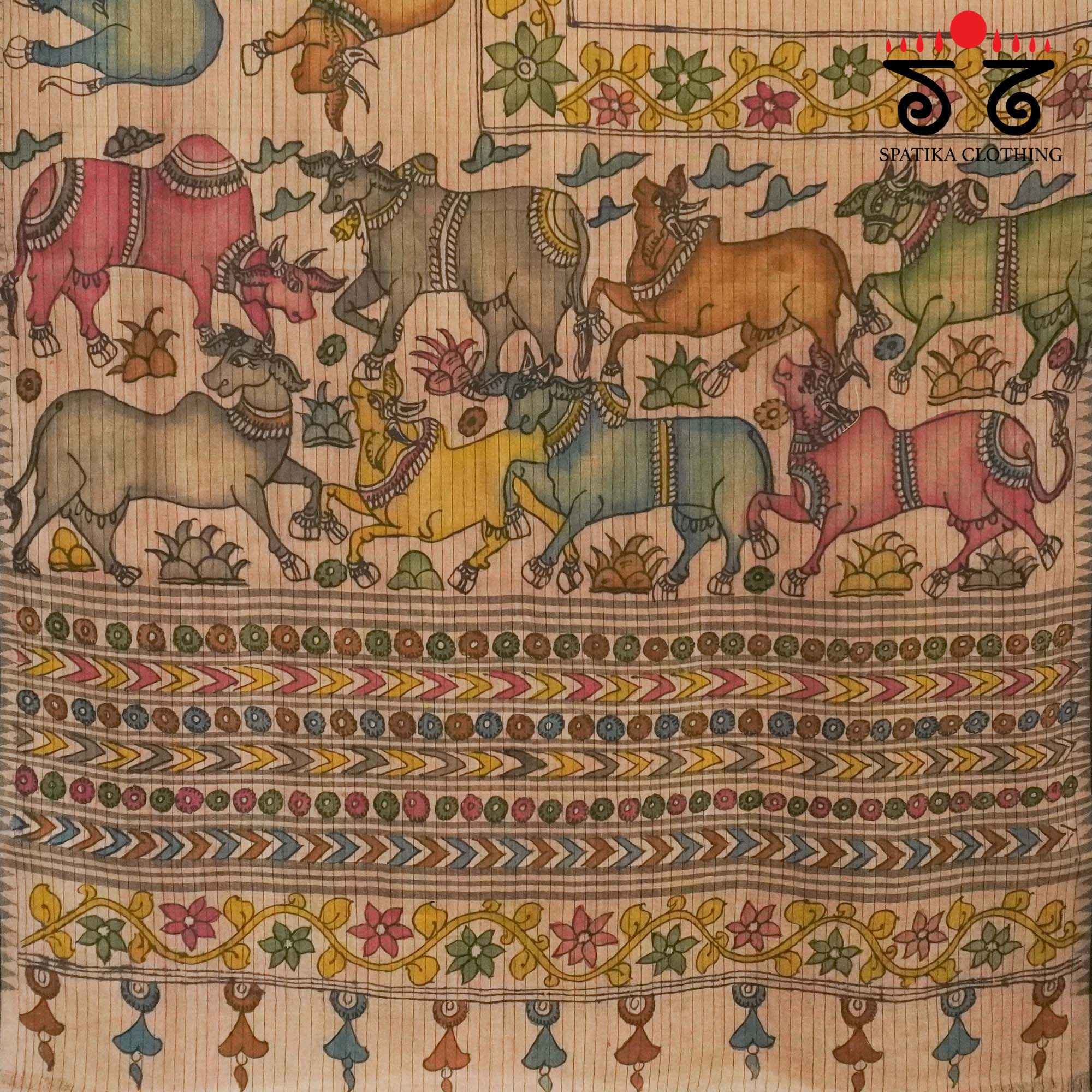 Pichwai Cows - Pink Pen Kalamkari On Ponduru Saree