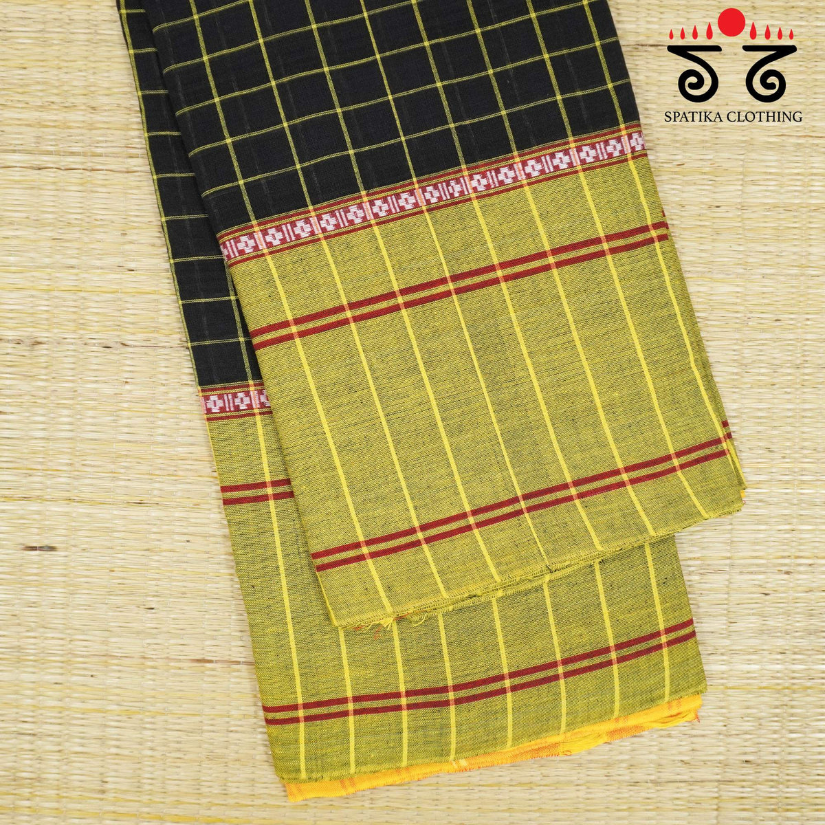 Black Chettinad Cotton Saree with The Morni - Green Mirror work Blouse