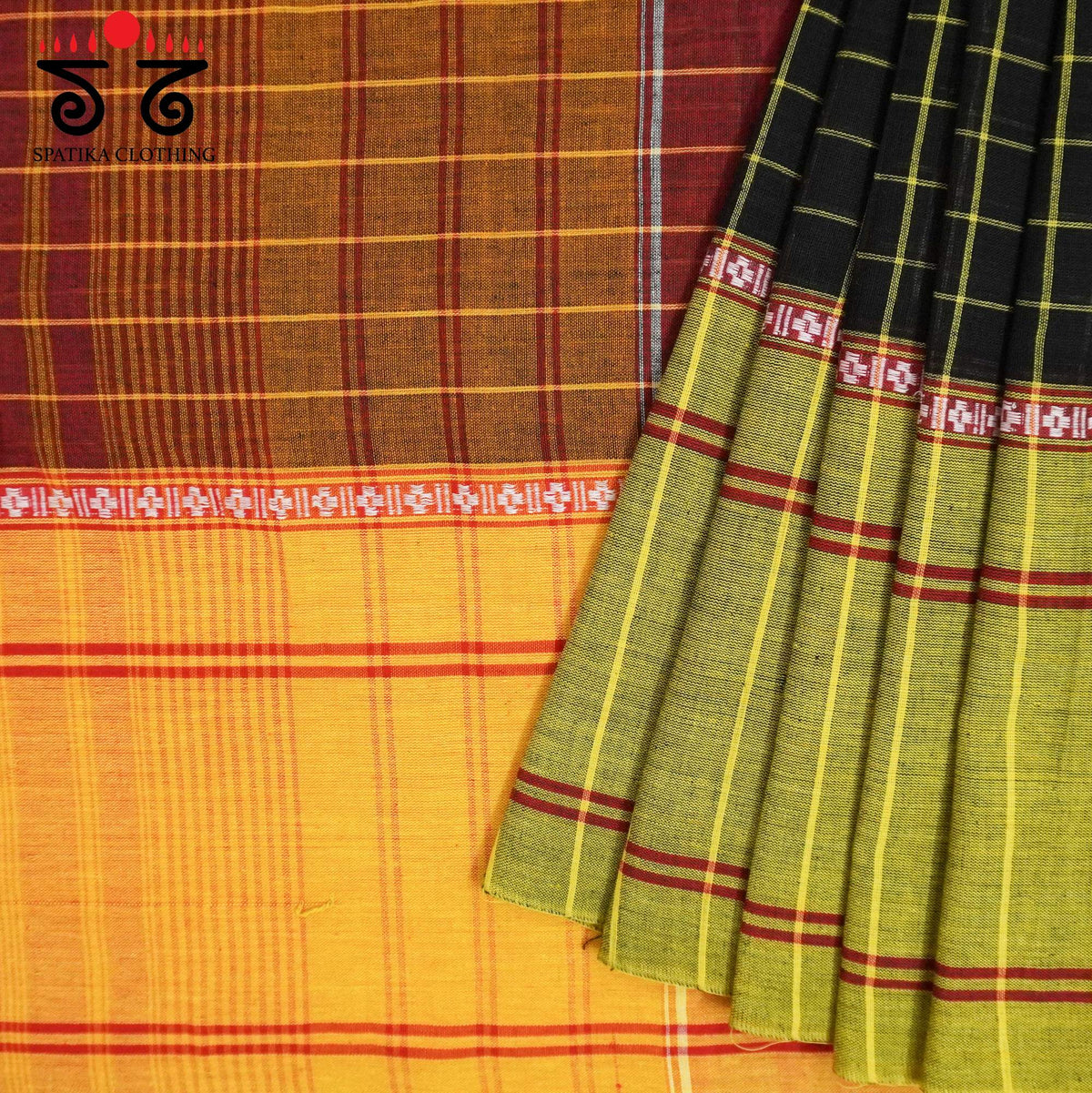 Black Chettinad Cotton Saree with The Morni - Green Mirror work Blouse