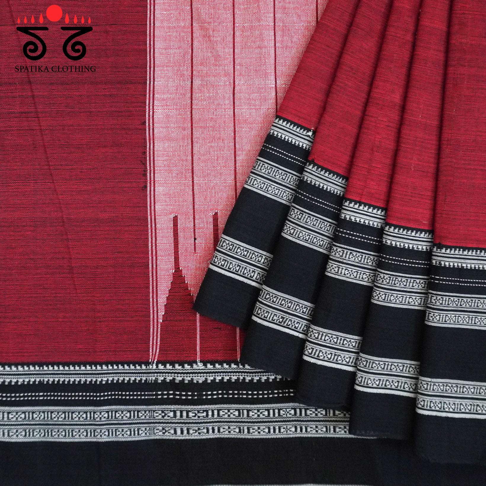 Red Ilkal Handwoven Cotton Saree - Bandhini Blouse