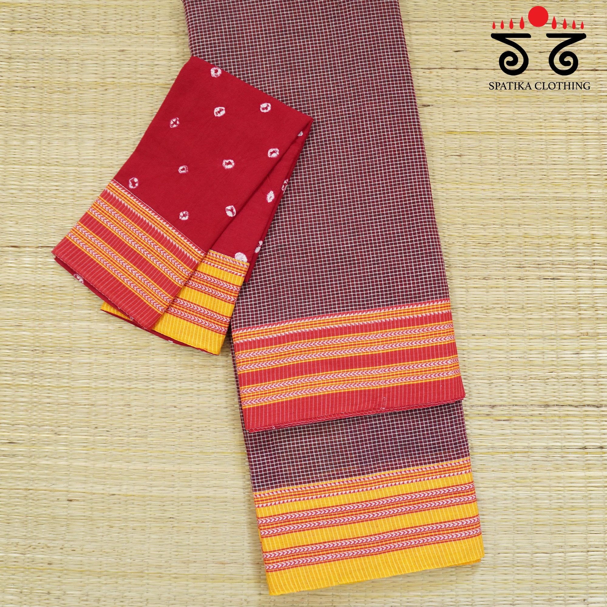 Maroon Ilkal Handwoven Cotton Saree - Bandhini Blouse