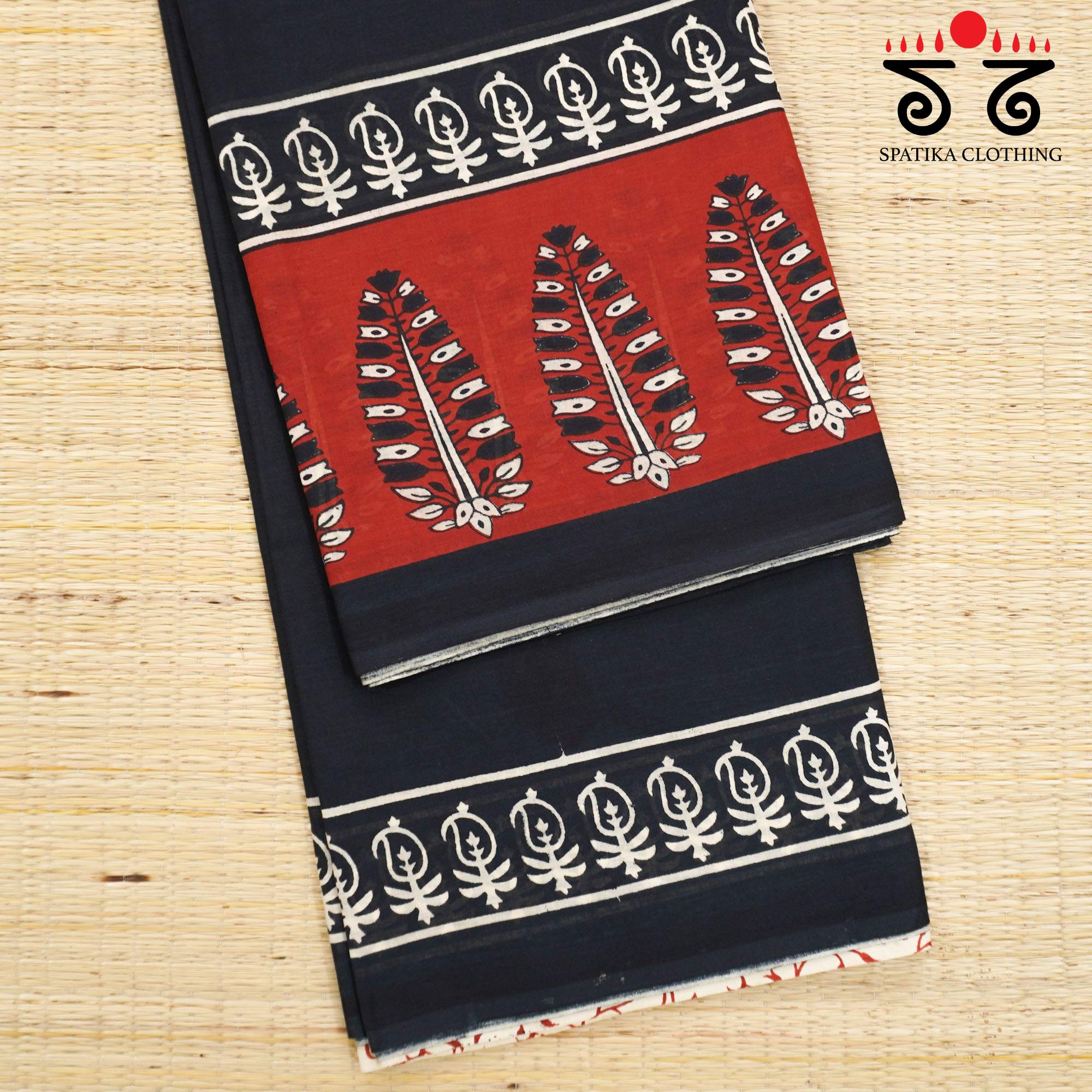 Black & Red Hand Block Printed Mul Cotton Saree