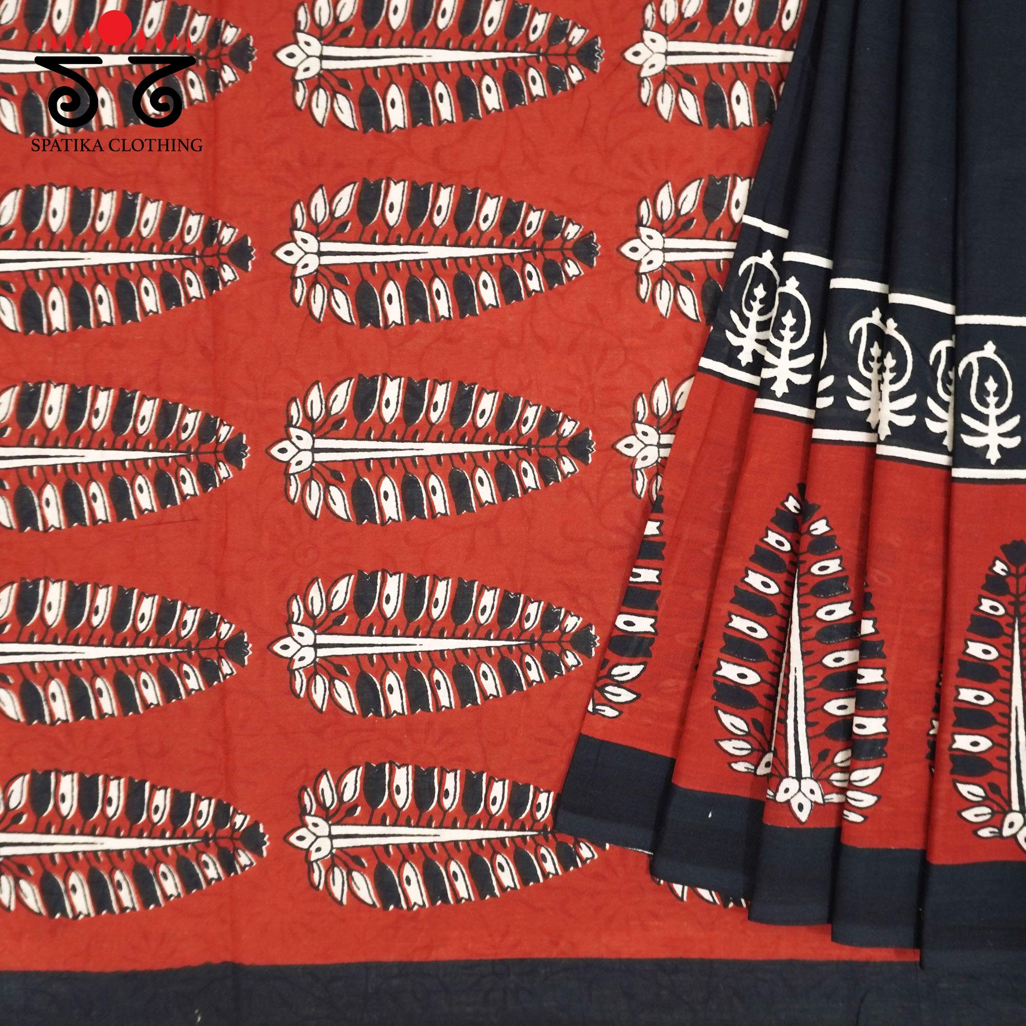 Black & Red Hand Block Printed Mul Cotton Saree