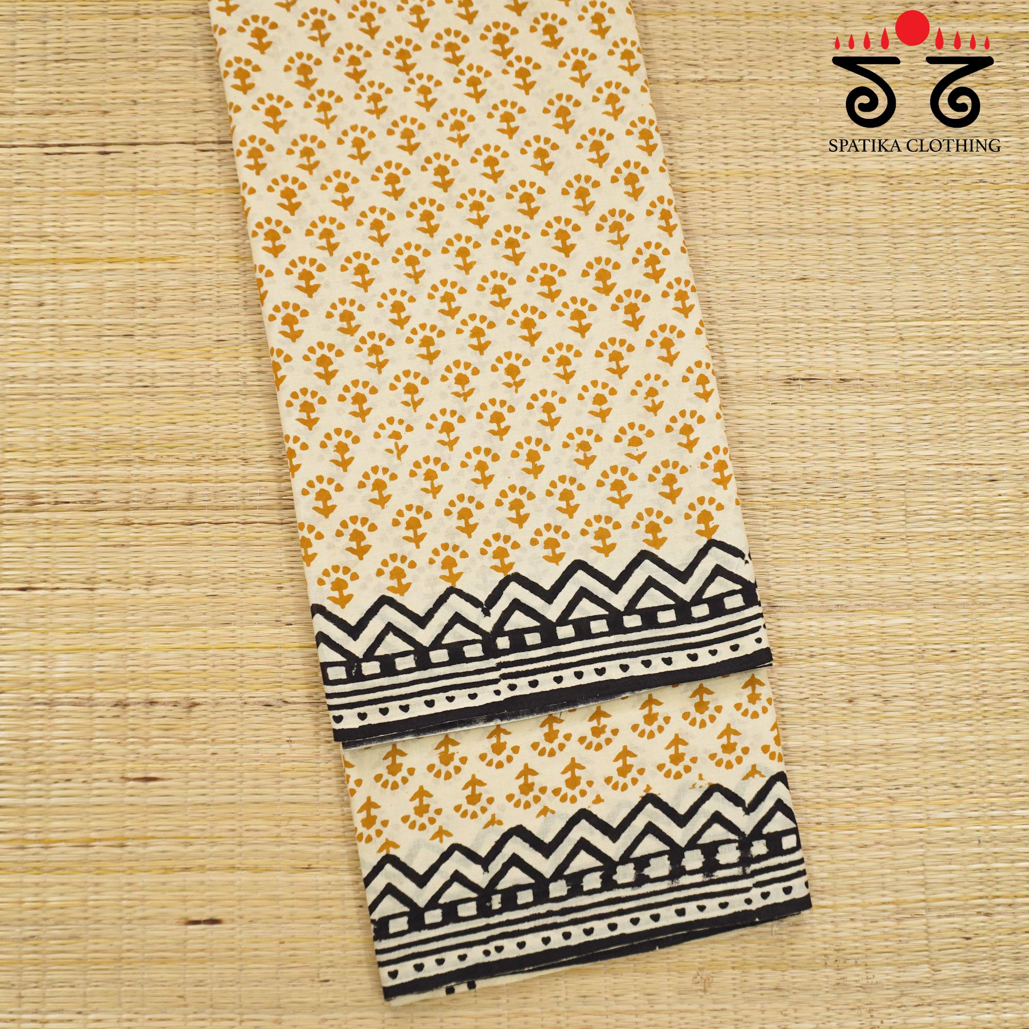 Beige Hand Block Printed Mul Cotton Saree