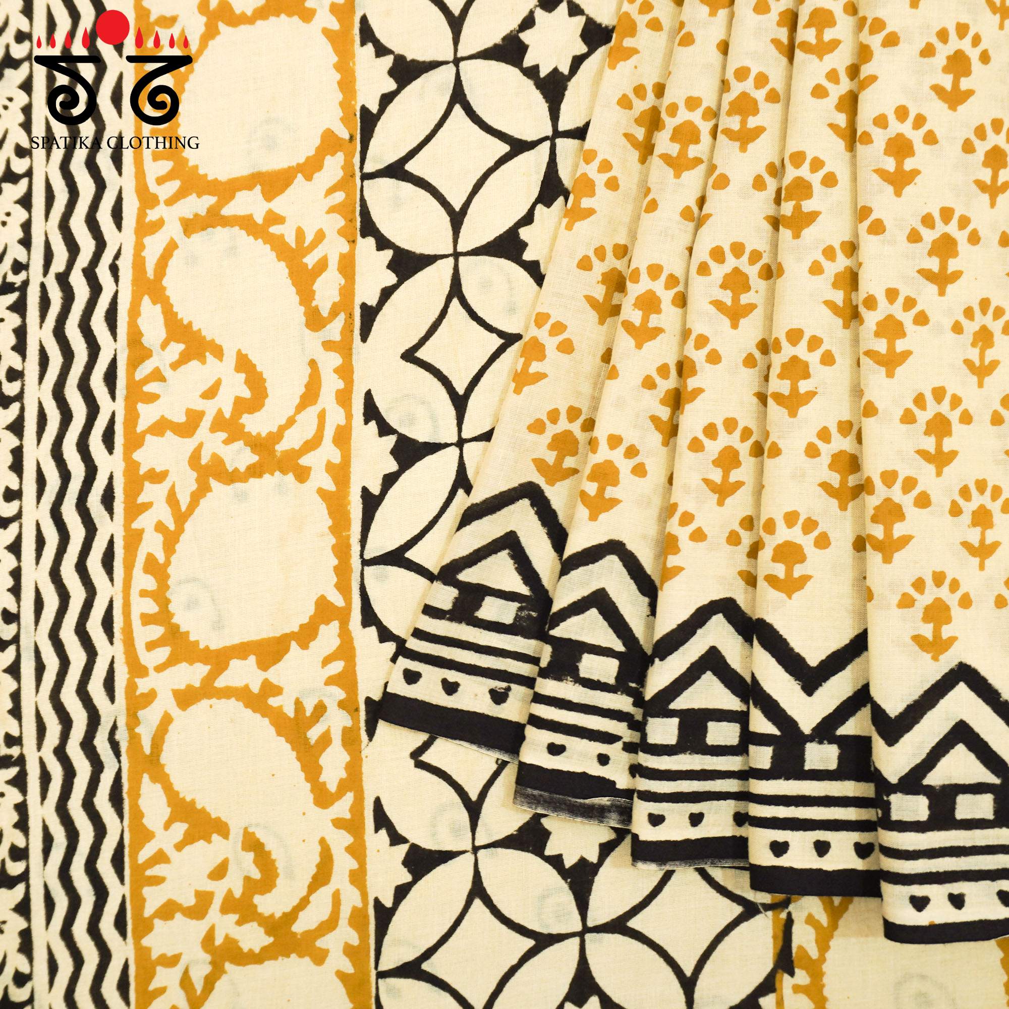 Beige Hand Block Printed Mul Cotton Saree