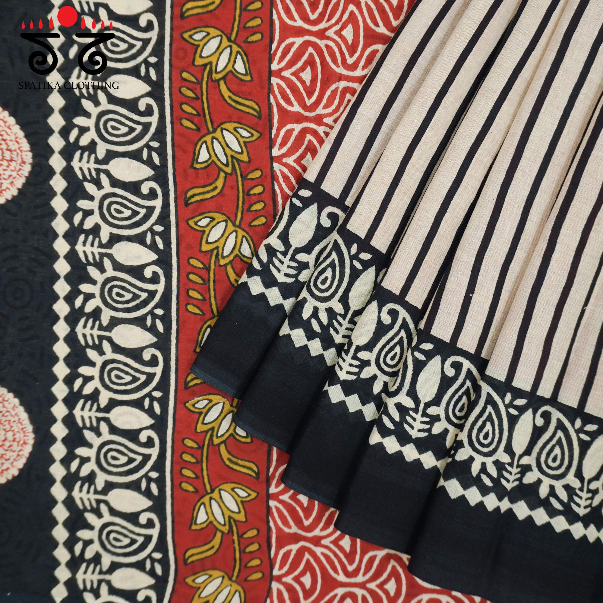 Red Hand Block Printed Mul Cotton Saree
