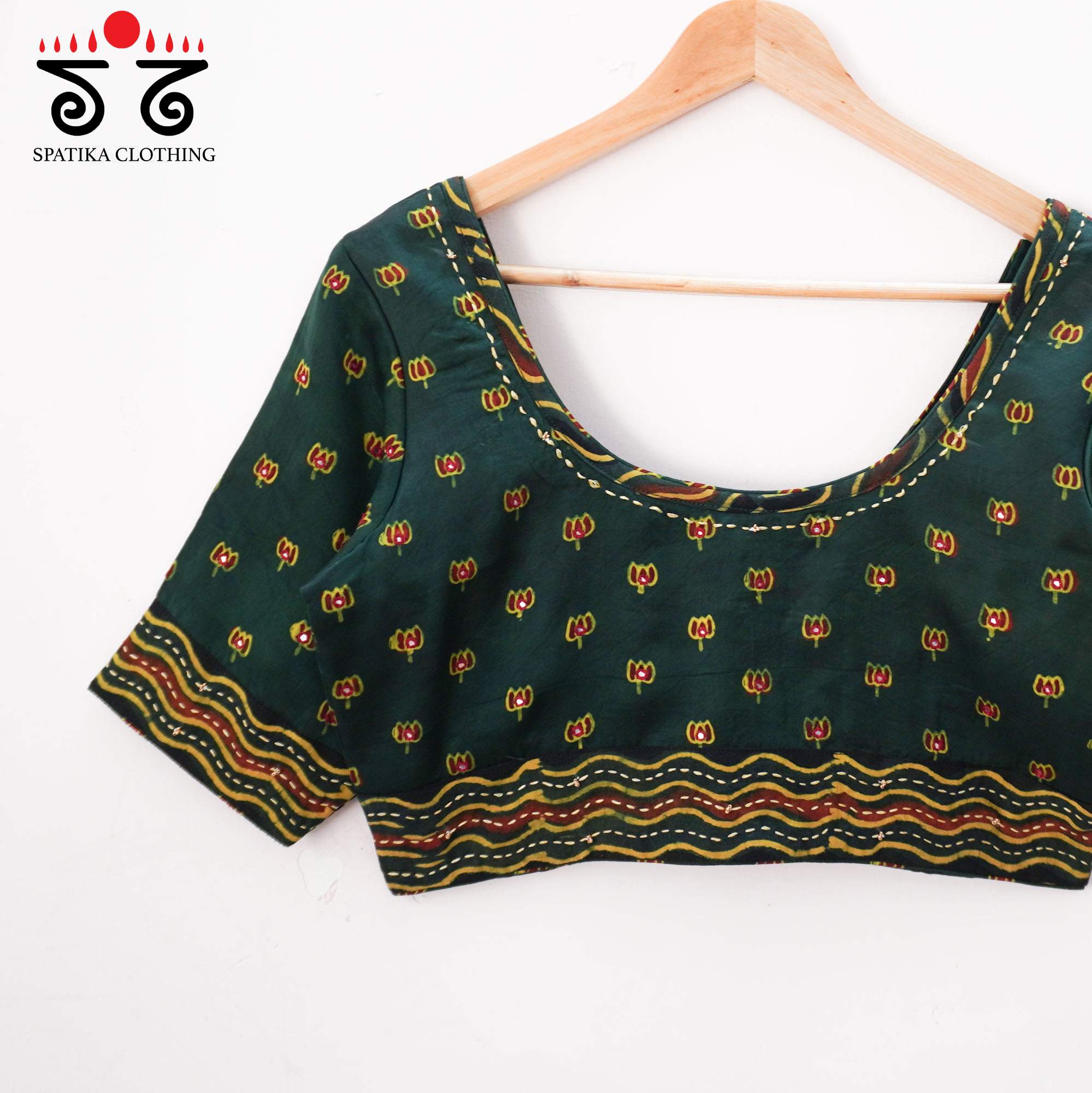 Green Lotus - Ajrak Modal Handcrafted Blouse