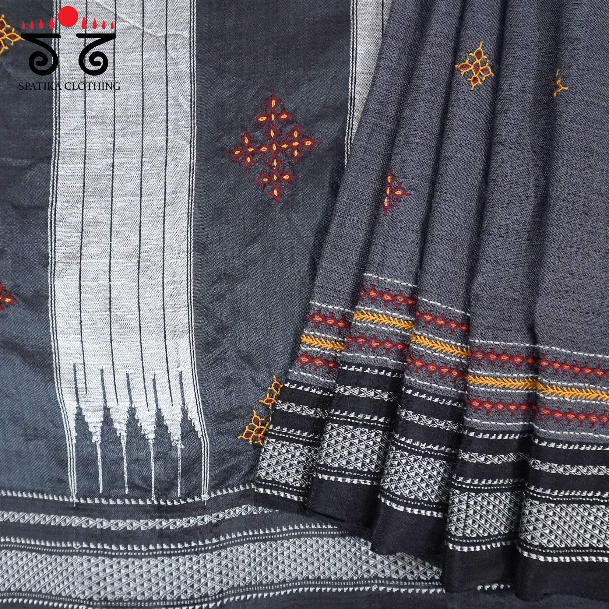 Grey Ilkal Hand Embroidered Cotton Saree