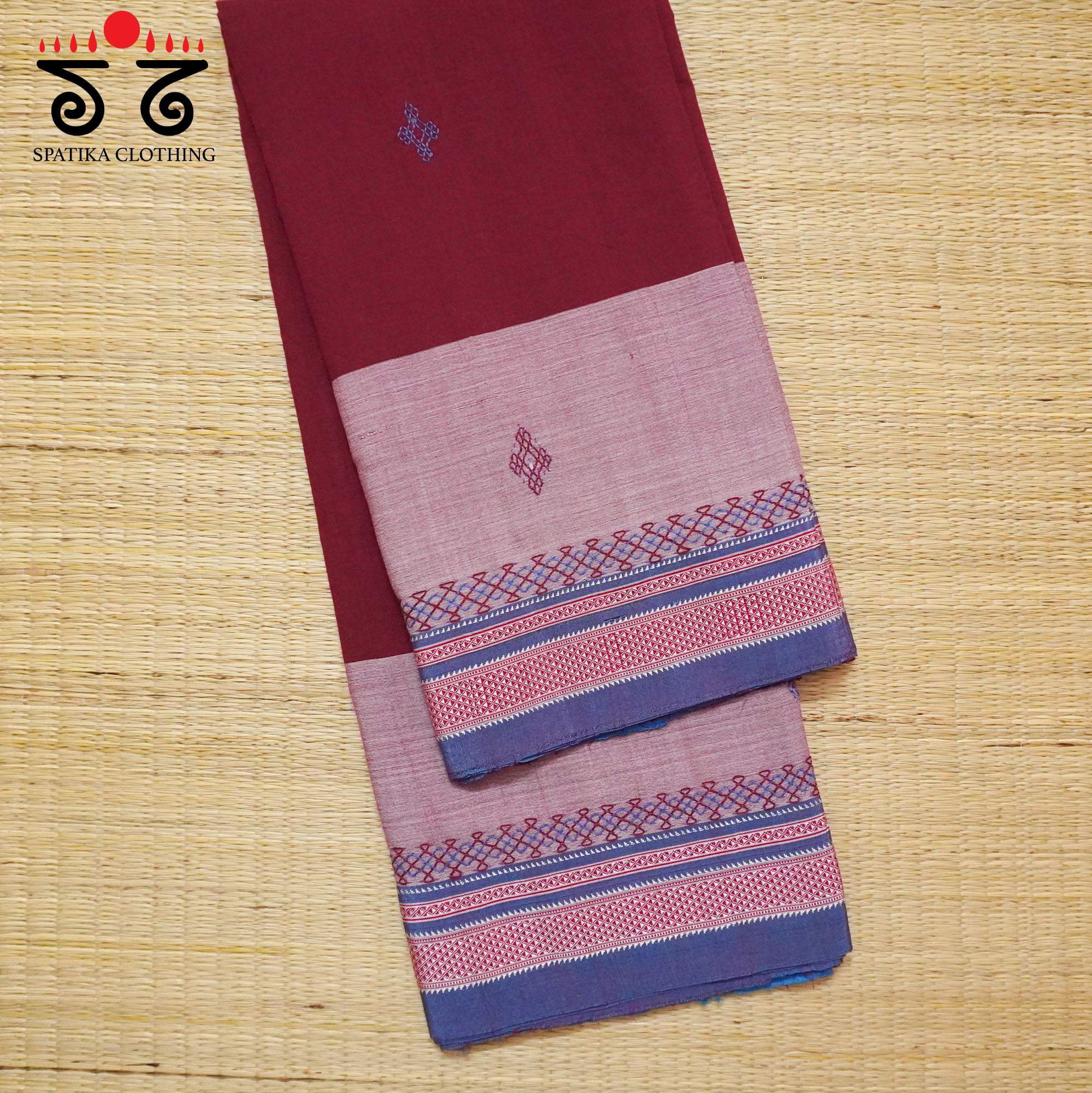 Maroon Ilkal Hand Embroidered Cotton Saree