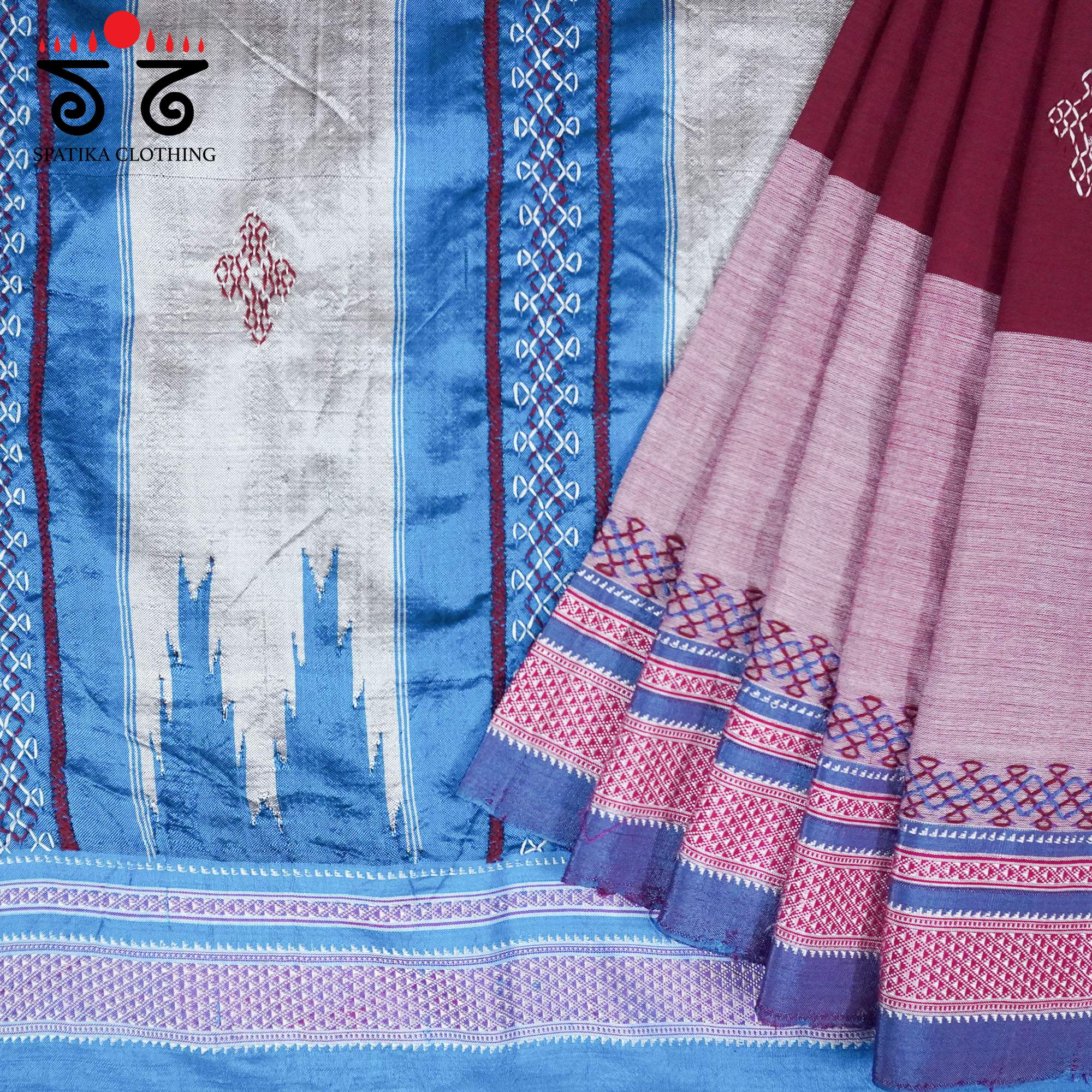 Maroon Ilkal Hand Embroidered Cotton Saree