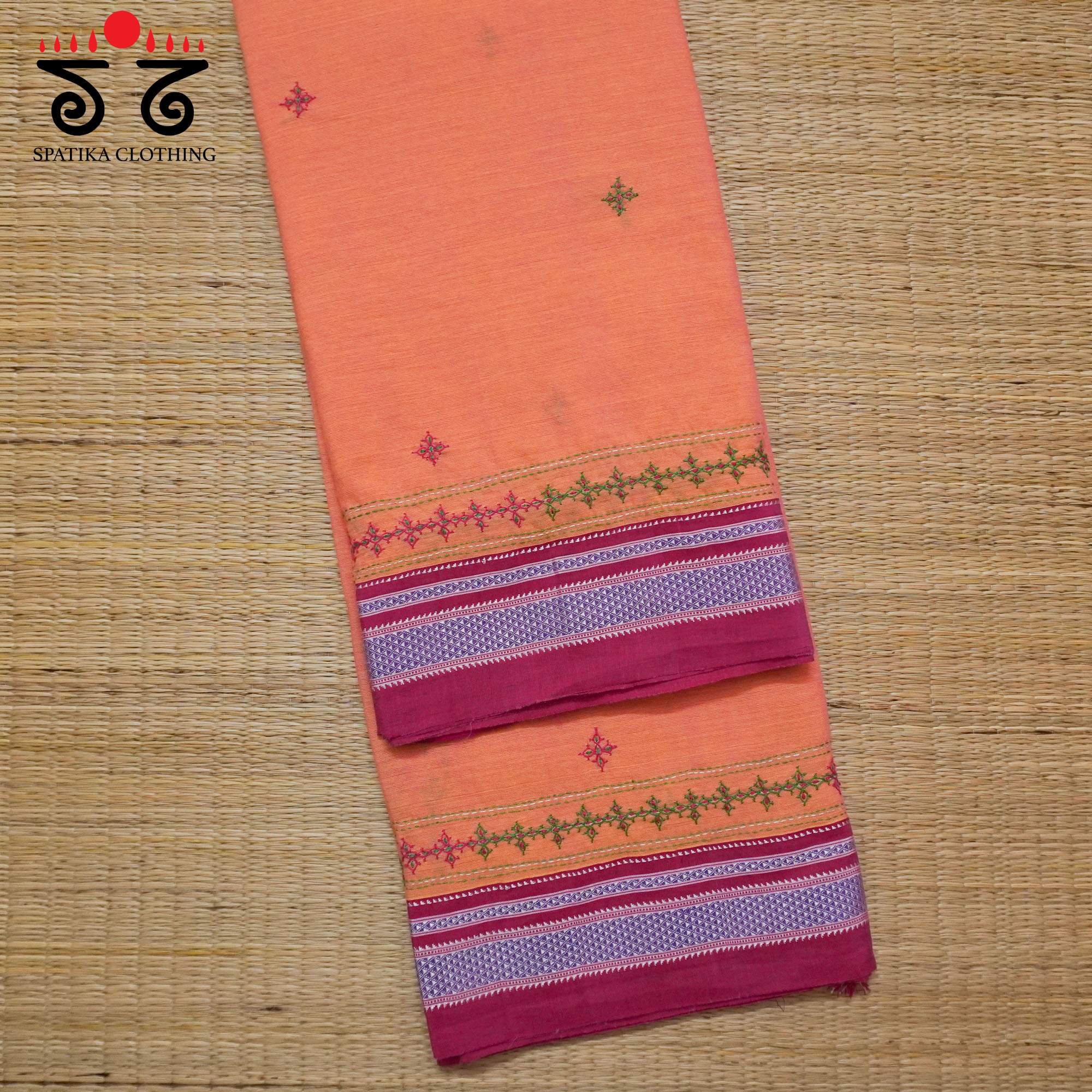 Orange Ilkal Hand Embroidered Cotton Saree
