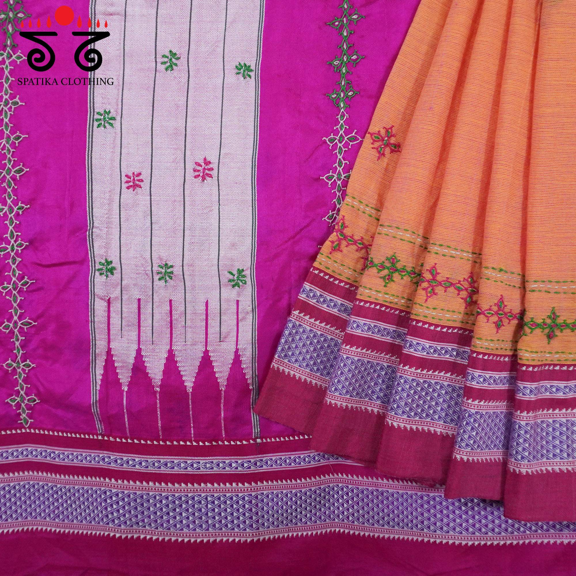 Orange Ilkal Hand Embroidered Cotton Saree