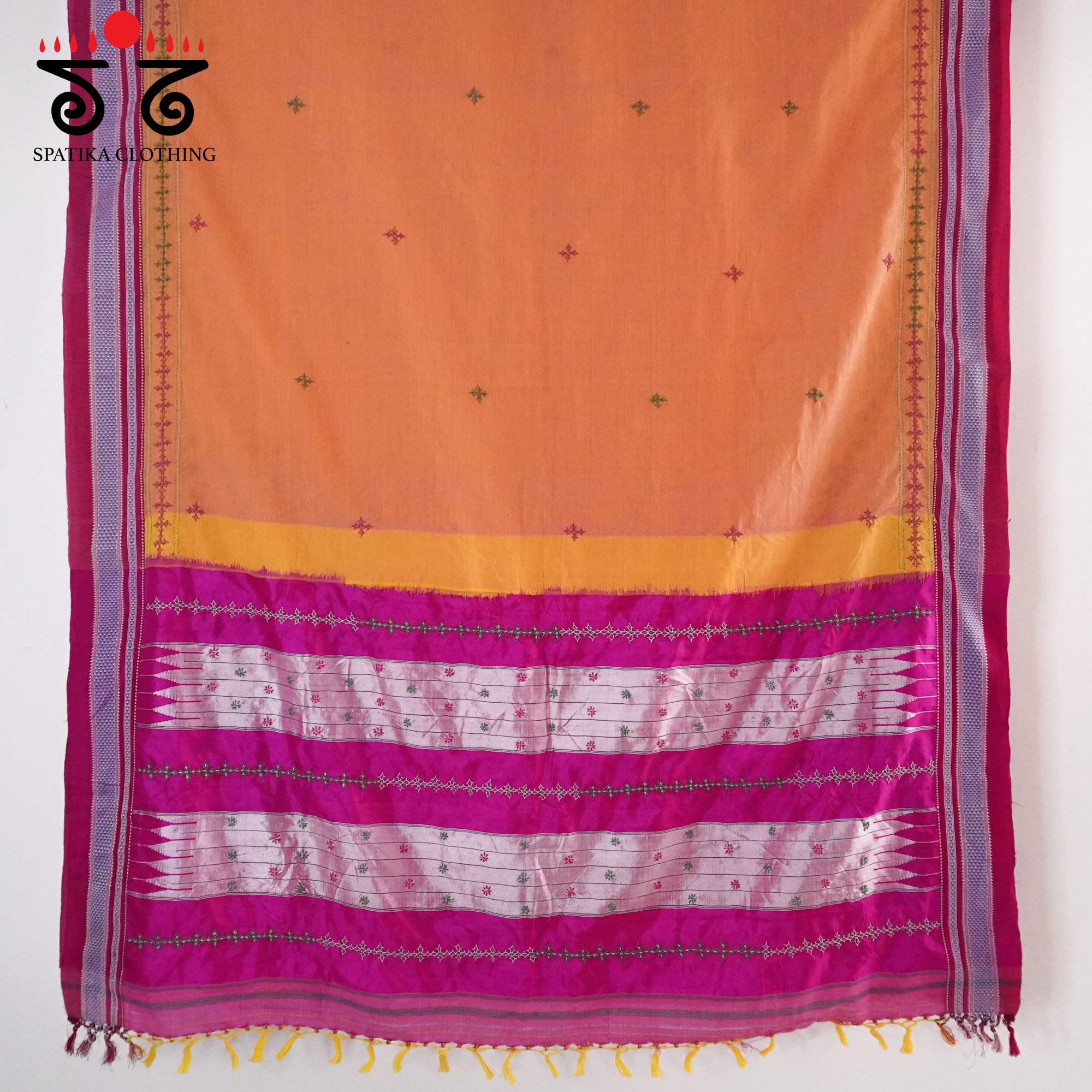 Orange Ilkal Hand Embroidered Cotton Saree