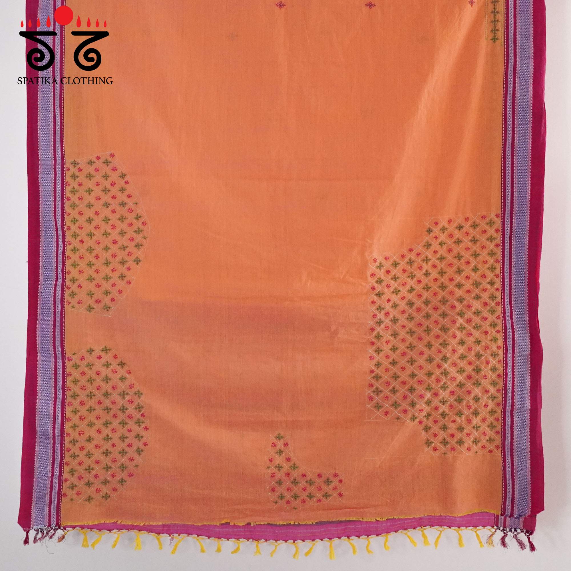 Orange Ilkal Hand Embroidered Cotton Saree