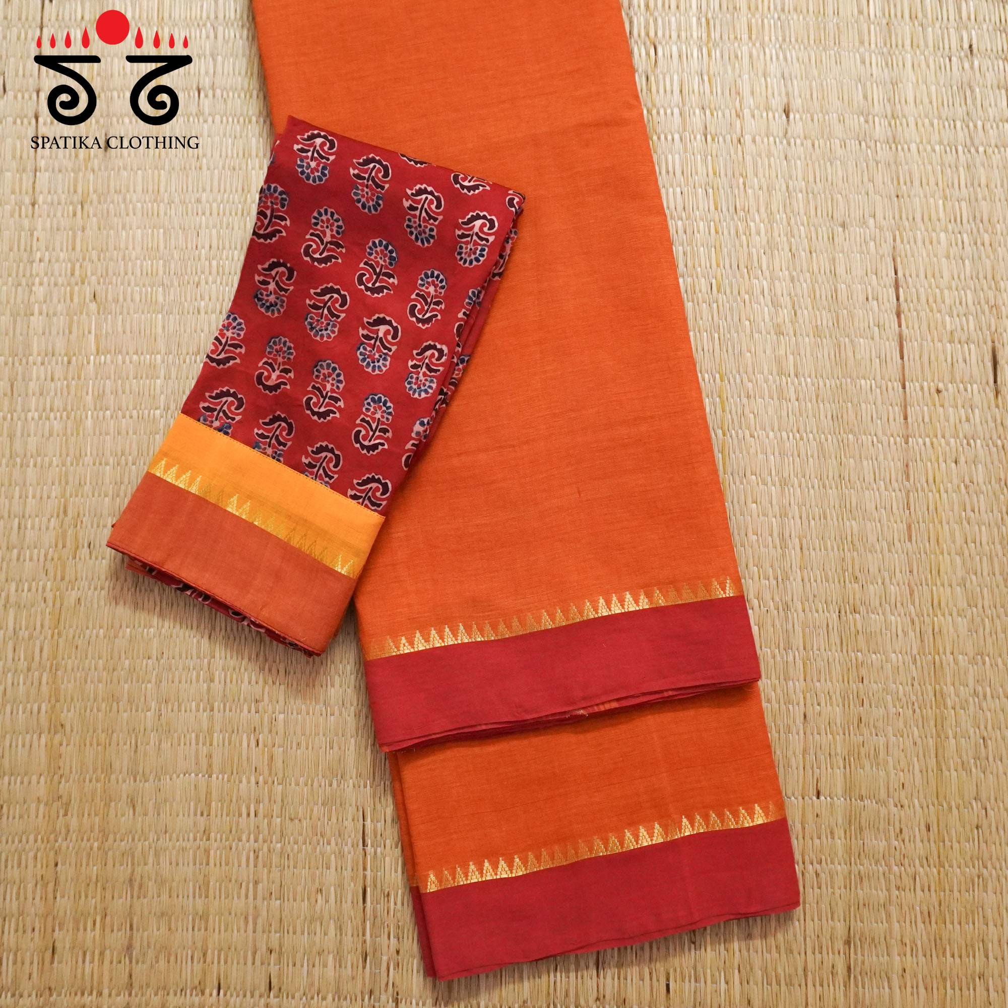 Orange Andhra Handwoven Cotton Saree With Special Blouse