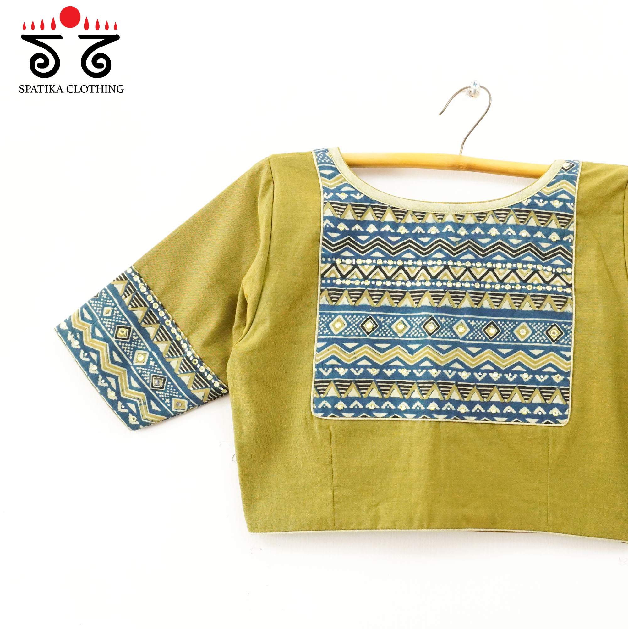 Green Ajrak Patch Work Blouse New!