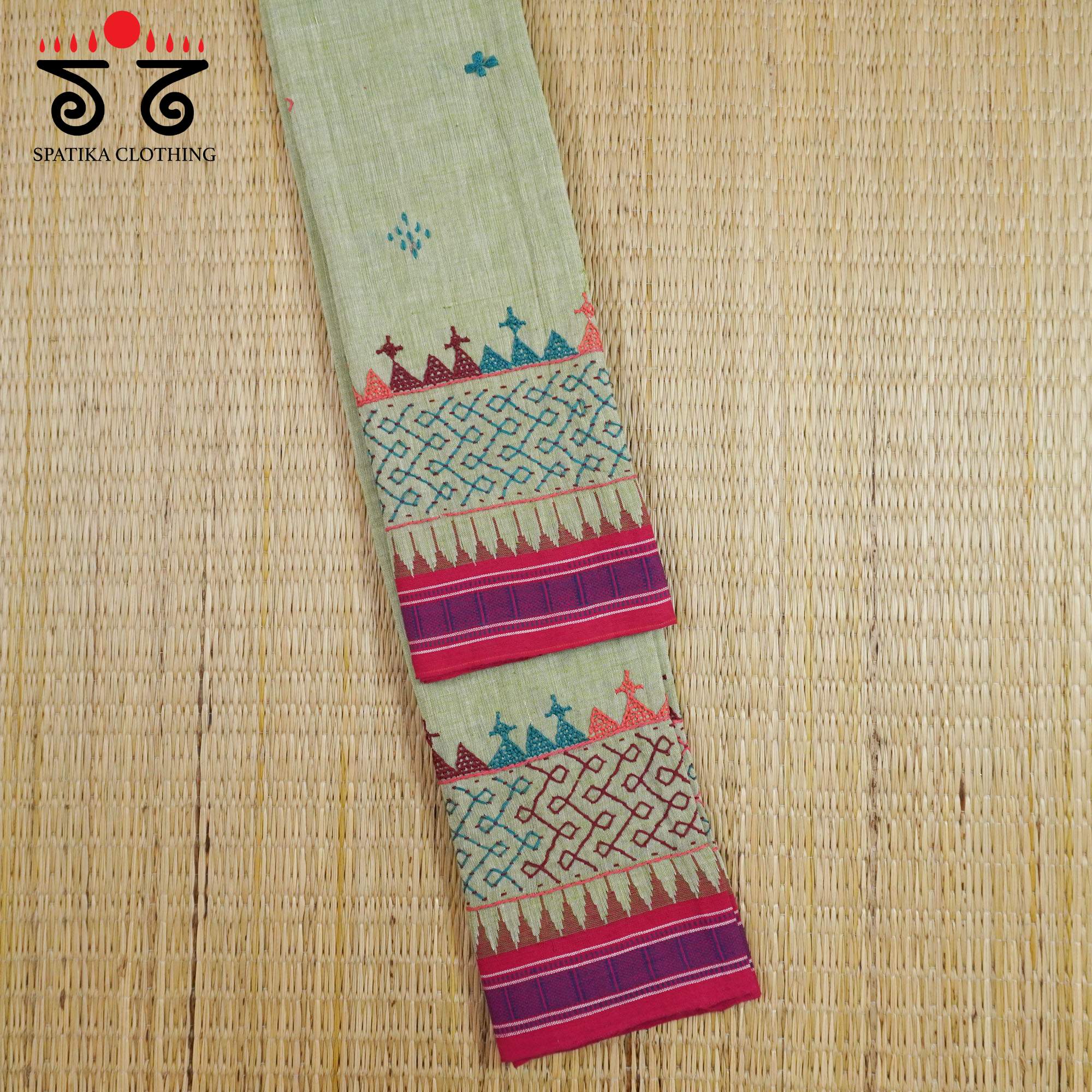 Green Hand-embroidered Ponduru Blouse Fabric
