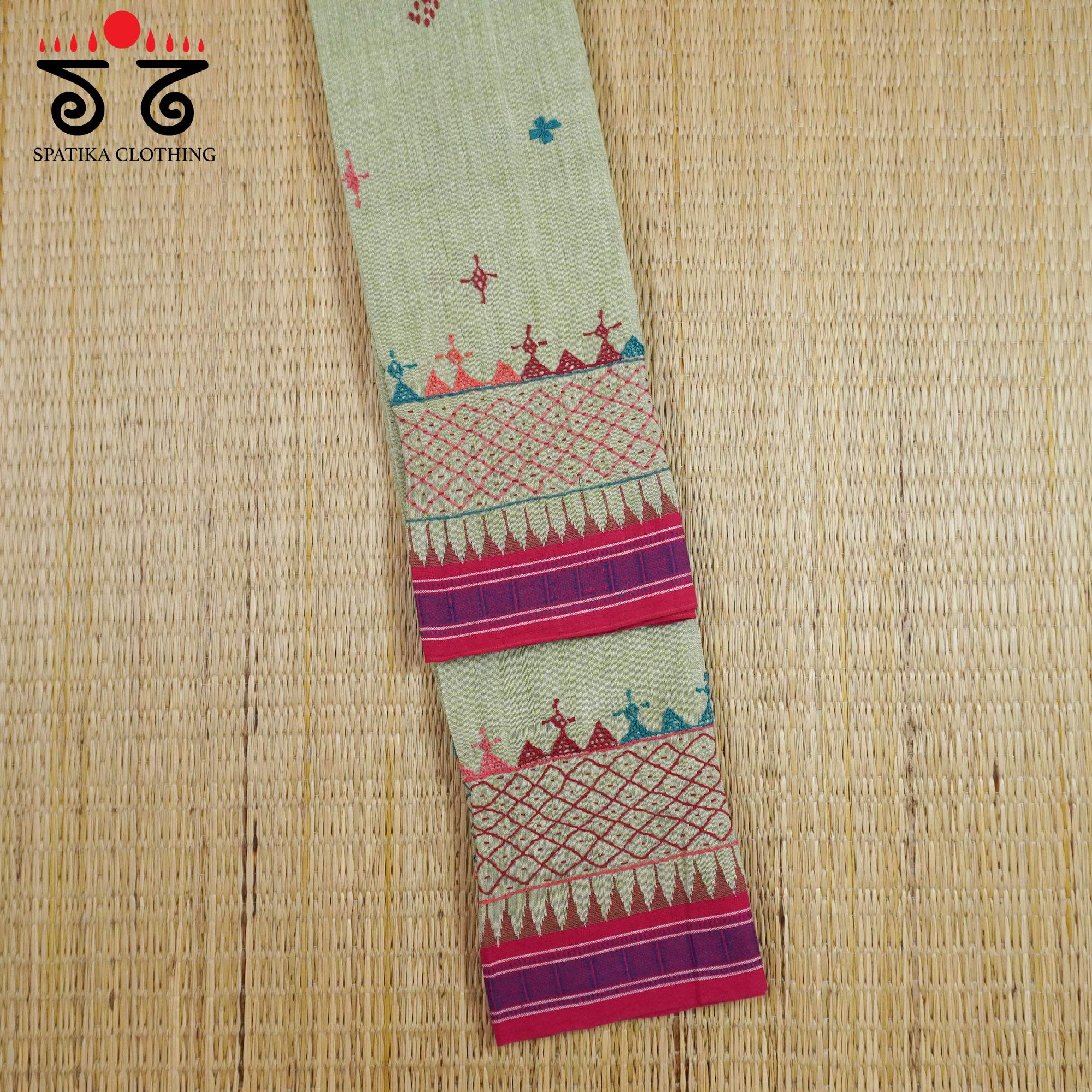 Green Hand-embroidered Ponduru Blouse Fabric