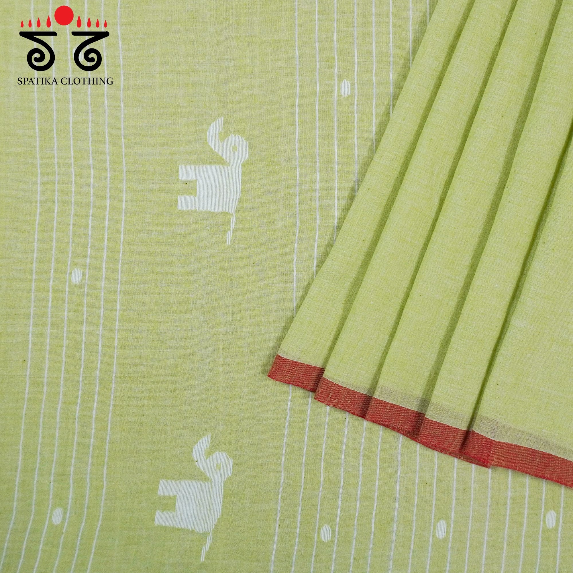 Jamdhani Elephants - Lemon Green Bengal Cotton Saree