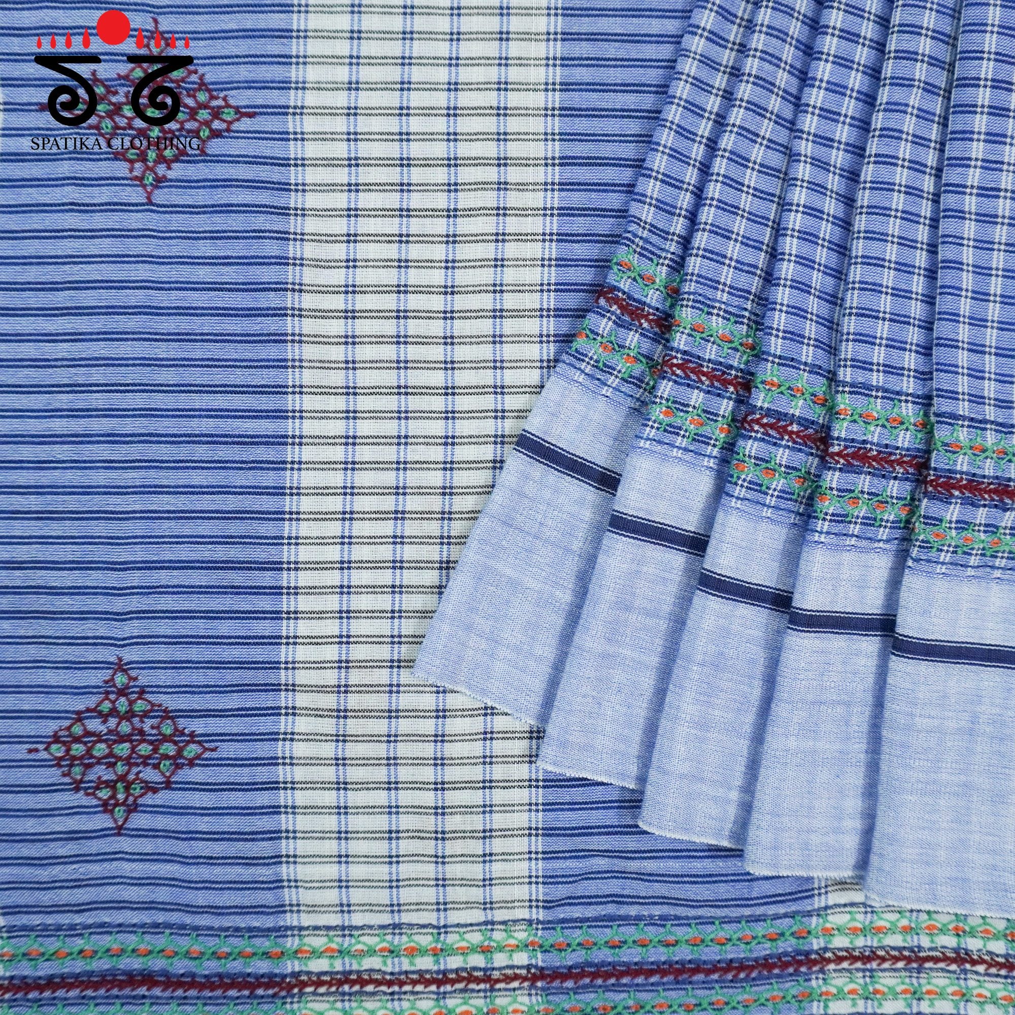 Blue Ilkal Hand Embroidered Cotton Saree