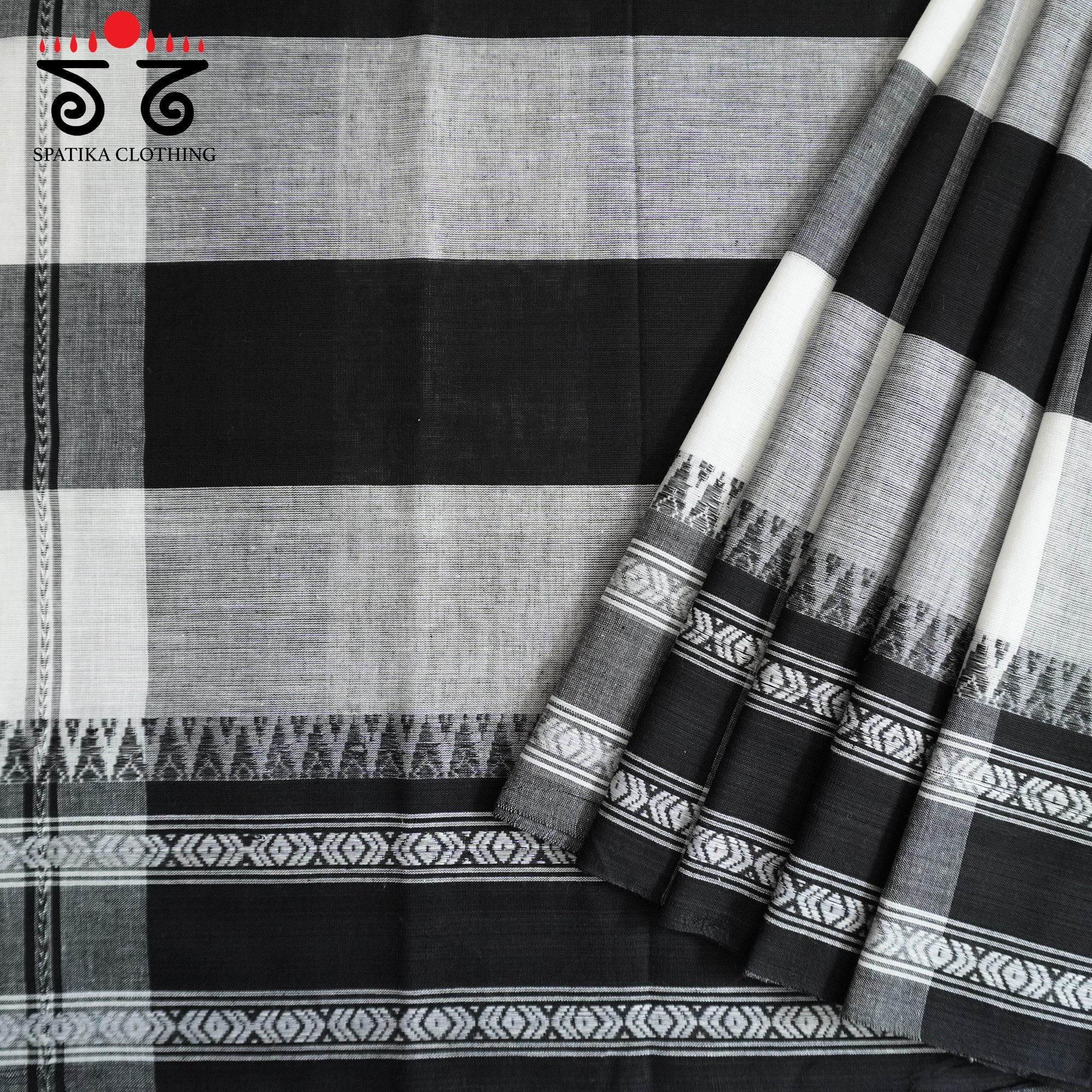 Black & White Begampur Handwoven Cotton Saree New!