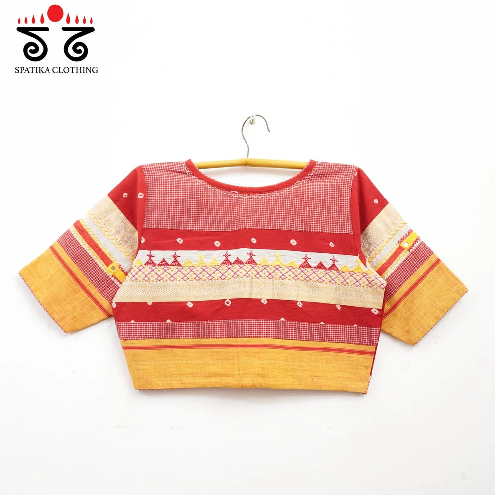 Light Orange Andhra Handwoven Cotton Saree with Red Lambani Bandhani Blouse