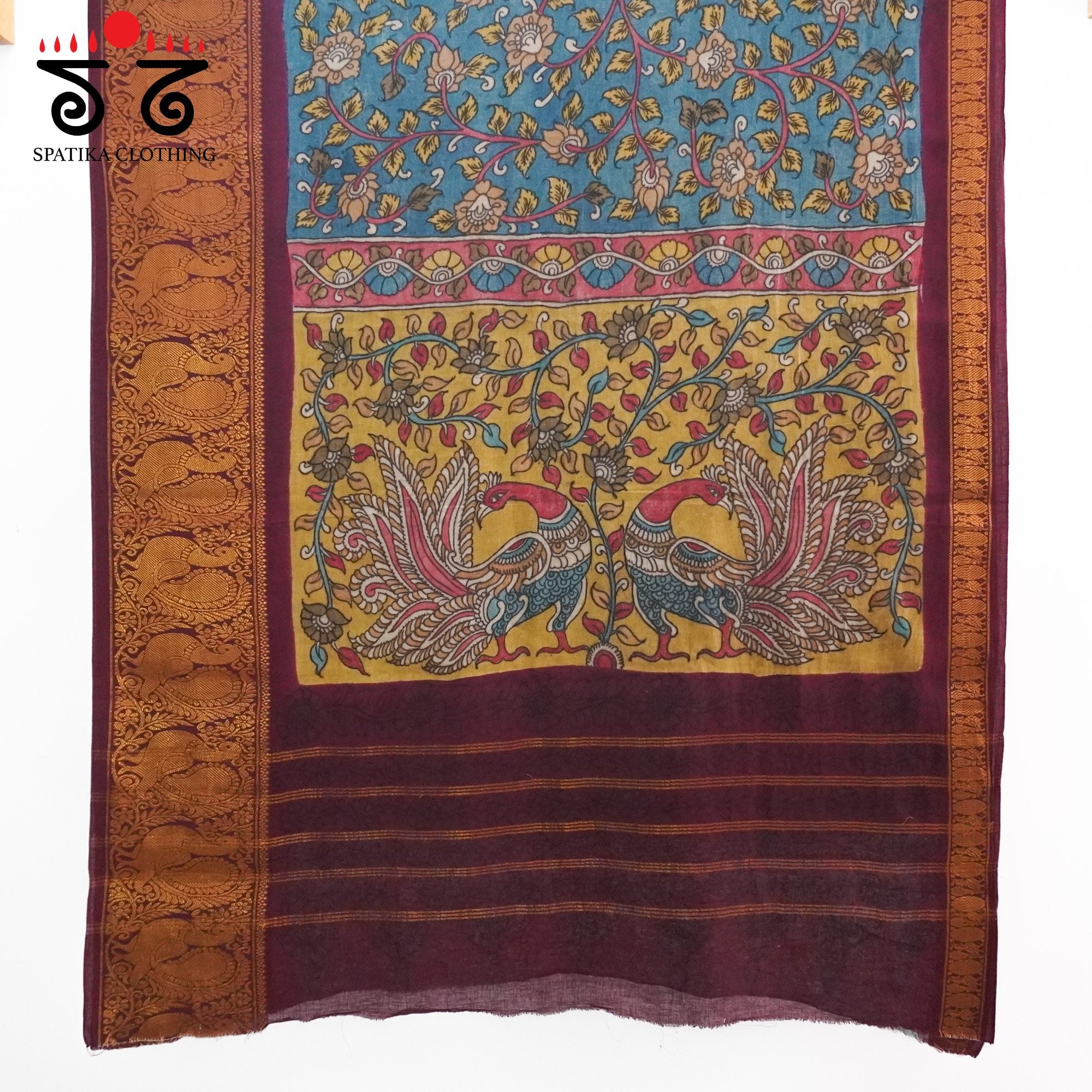 Sungudi Pen Kalamkari Handwoven Cotton Saree