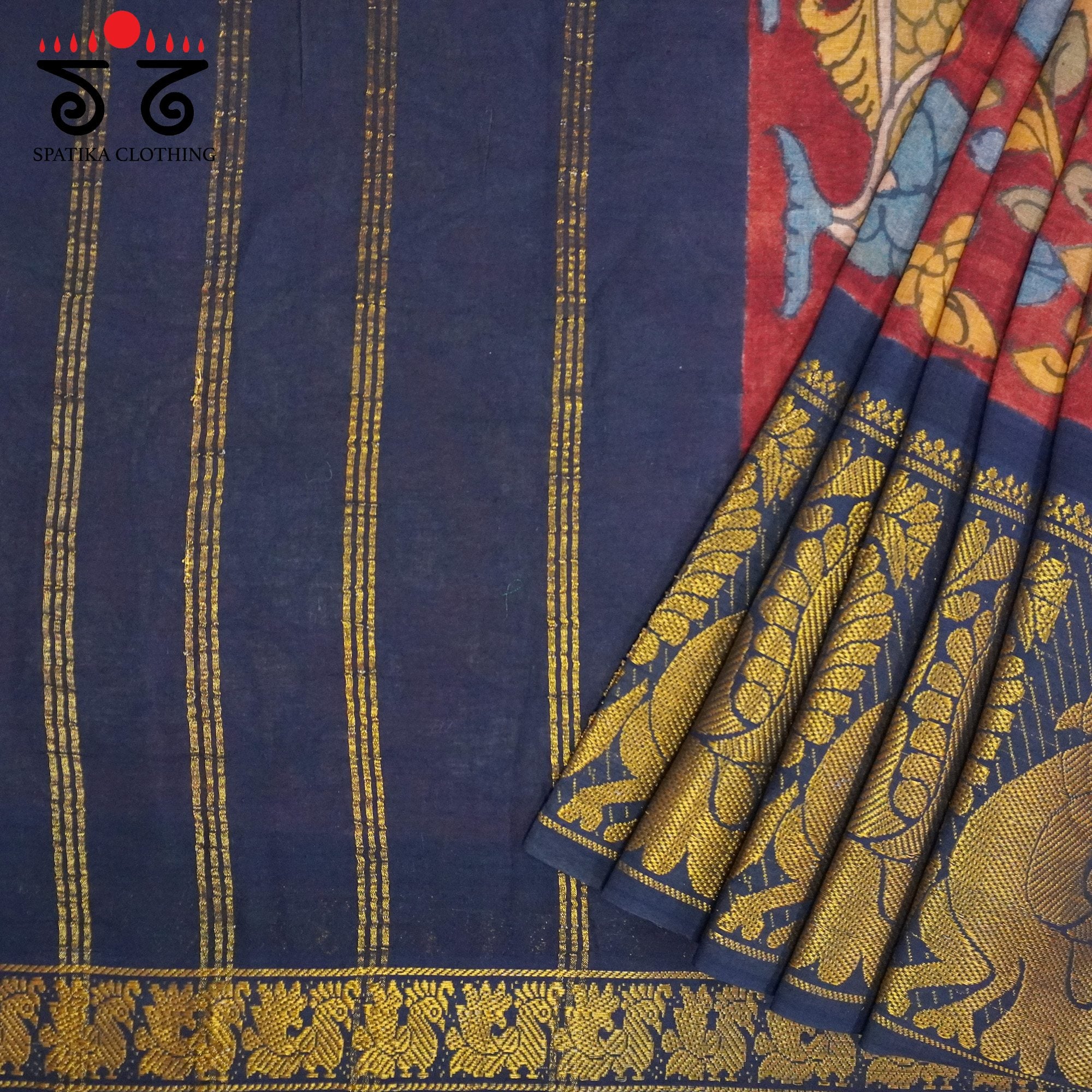 Sungudi Pen Kalamkari Handwoven Cotton Saree